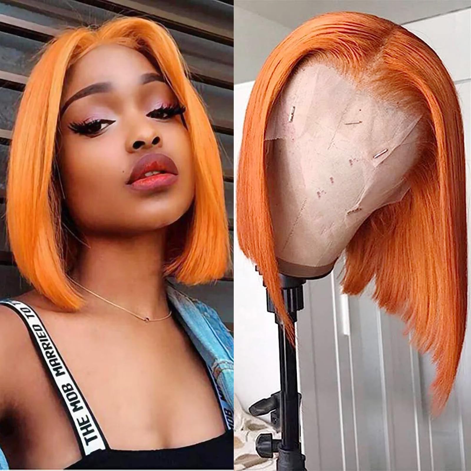 Orange Blue Bob Wig Human Hair Wear and Go Glueless Bob Wig 13x4 HD Lace Front Bob Wigs Human Hair Wigs For Black Women 200% Den