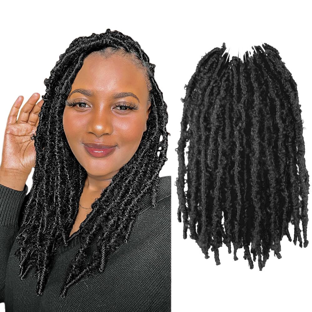 8 Packs Light Weight Butterfly Locs Crochet Hair 12 Inch Butterfly Faux Locs Crochet Hair Short Black Distressed Butterfly Locs,