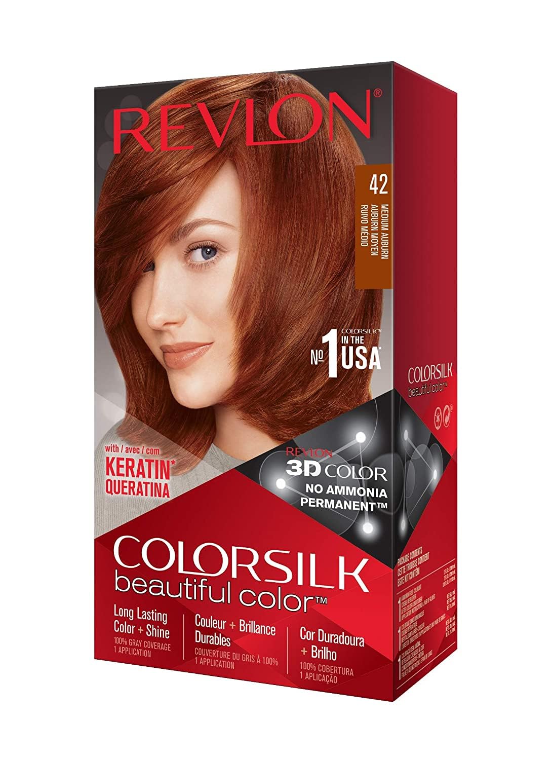 REVLON Colorsilk Beautiful Color, Permanent Hair Color with 3D Gel Technology & Keratin, 100% Gray Coverage Hair Dye, 42 Medium 
