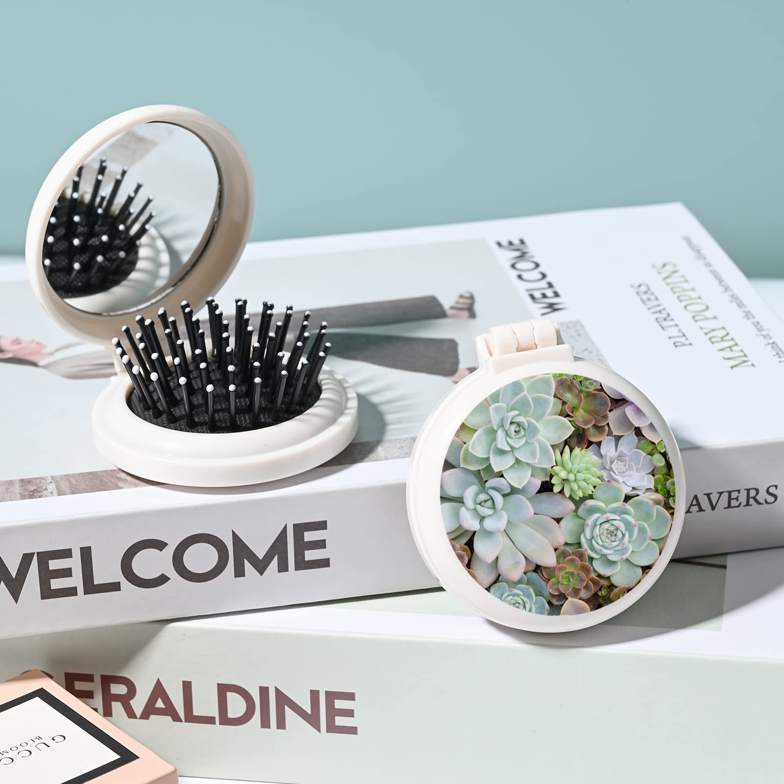 Mini Hairbrush, Pocket Hairbrush With Mirror, Portable For Purse/Pocket, Travel Size (Plant Succulent)