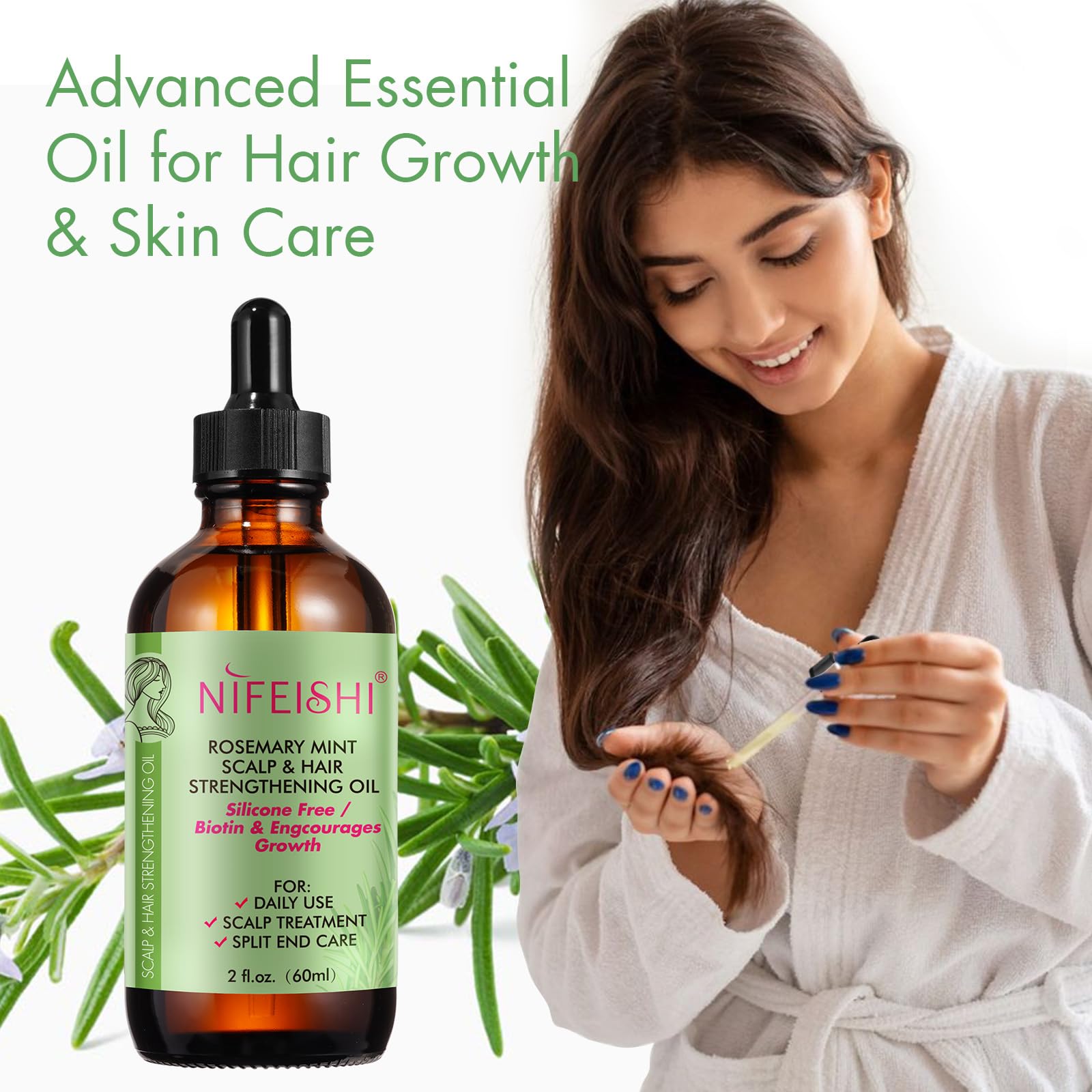 Bieyoc Rosemary Oil For Hair Growth 60Ml, With A Head Massage Brush Silicone, Improve Hair Loss And Nourishes Scalp