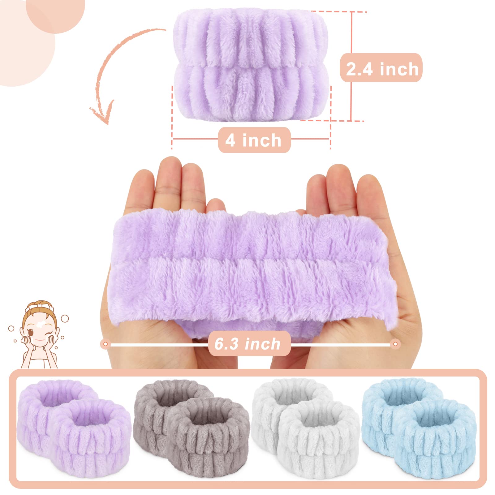 8 Pcs Absorbent Microfiber Women'S Spa Wristbands For Face Washing - Prevent Water From Spilling Down Your Arms