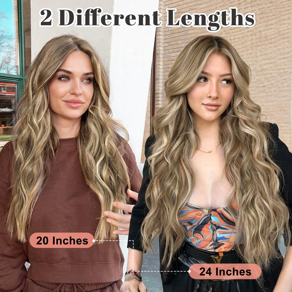 Alxnan Clip In Hair Extensions For Women,Medium Brown Ash Blonde Long Wavy Hair Extensions Clip Ins 4Pcs 24 Inch Synthetic Soft
