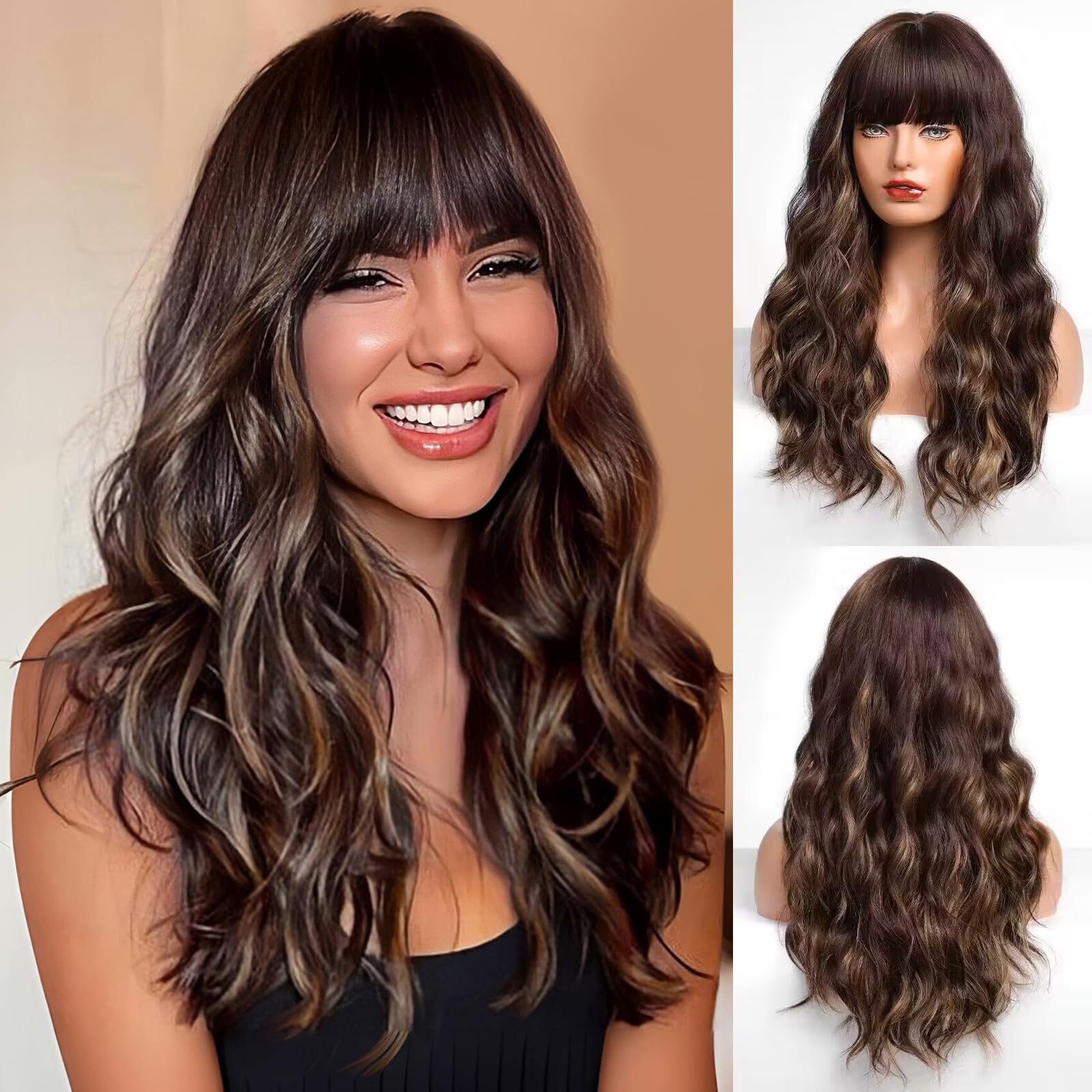 HAIRCUBE Brown with Blonde Highlight Wig Long Curly Wig with BangsNatural Appearance Heat-Resistant Synthetic Wig Suitable for F