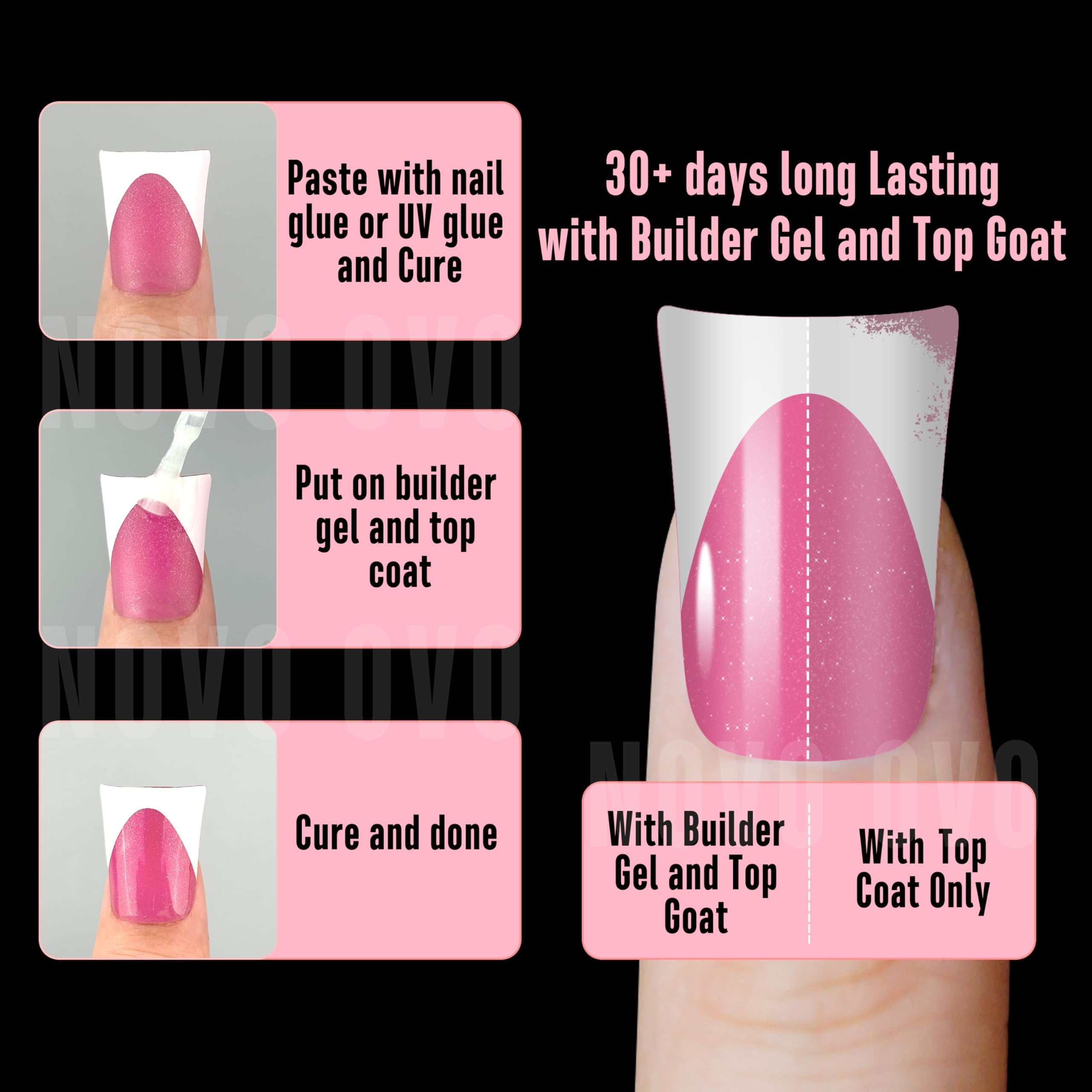 NOVO OVO Short Duck Nail Tips French Tip Press On ROSE PINK with Glitter, Soft Gel Nail Extension, Need Buider Gel Top Coat, No