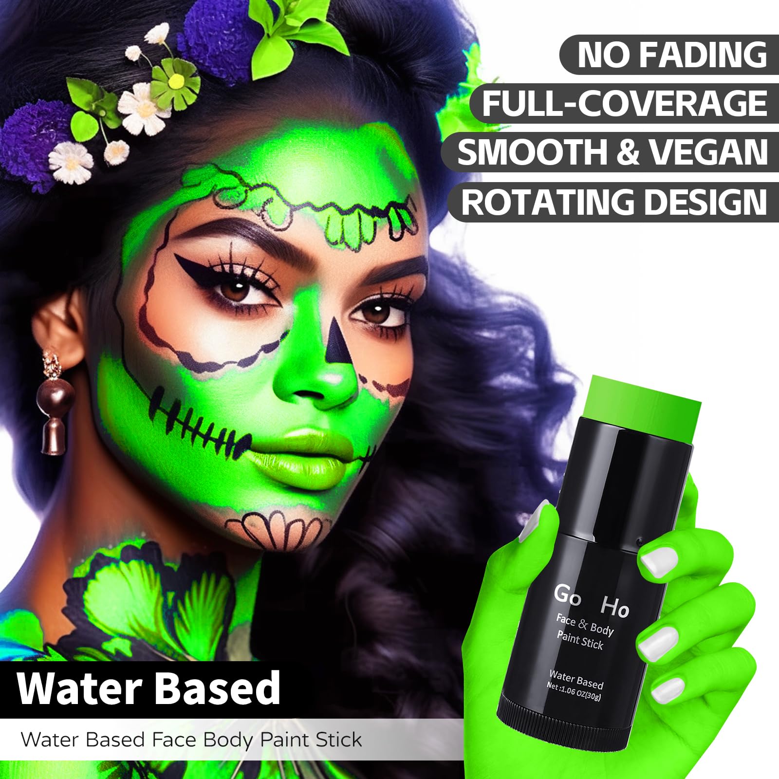 Go Ho Light Green Face Body Paint Stick,Water Based Washable Green Face Paint Stick,Non-Toxic Full-Coverage Cream Green Body Pai