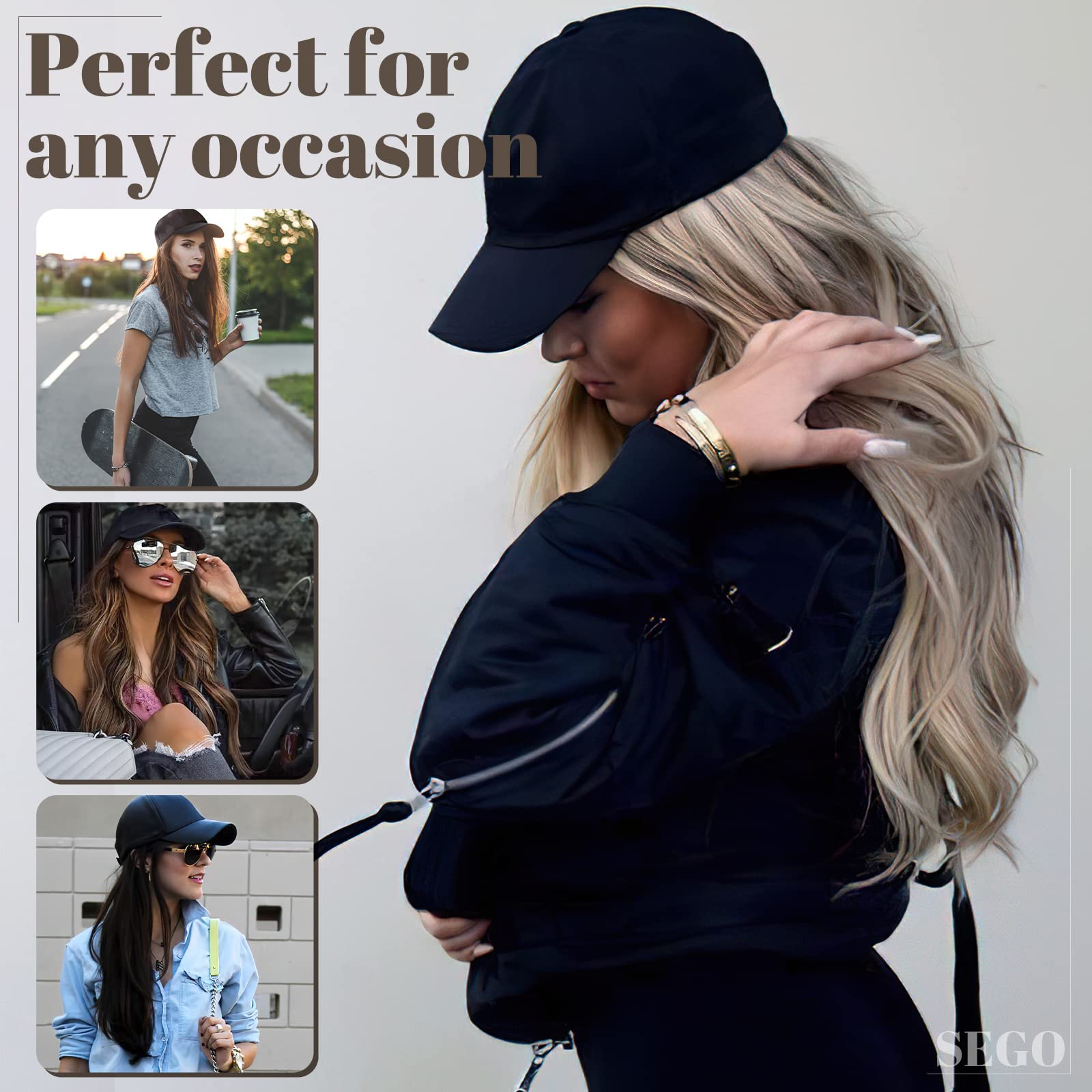 Sego Baseball Cap With Hair Extensions For Women Heat Resistant Synthetic 16'' Adjustable Long Wavy Hairpiece Replacement Wigs I