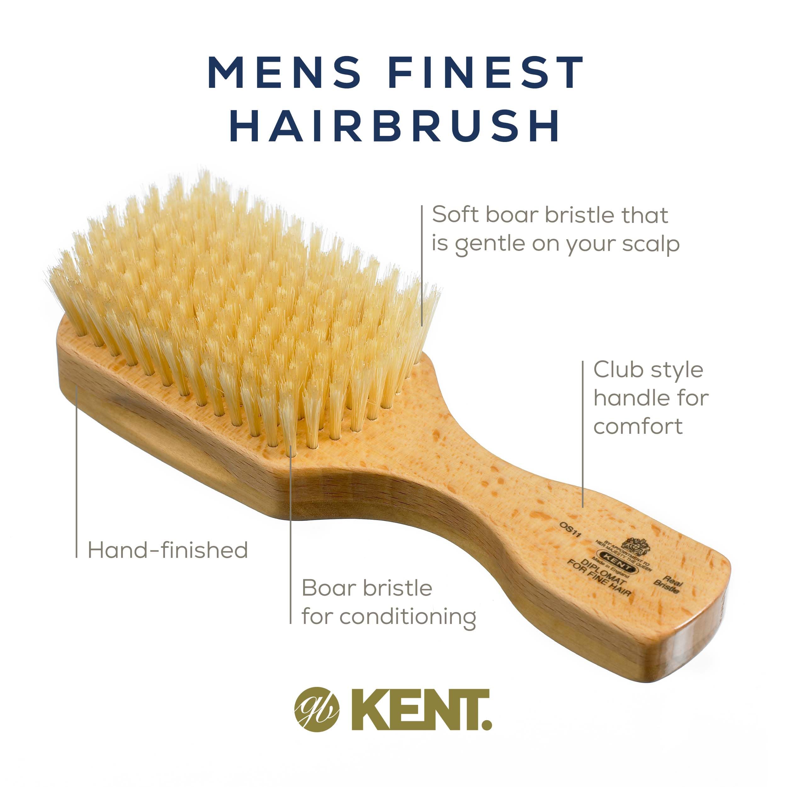 Kent OS11 Satinwood Military Club Hair Brush & Beard Brush - Soft White Boar Bristles for Fine or Thinning Hair, Men's Grooming,