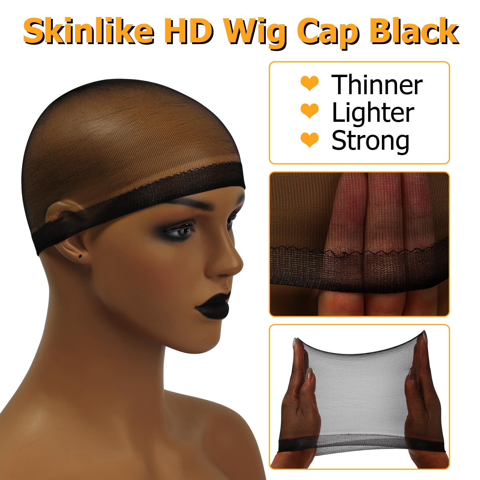 Beeos Black Skinlike Hd Wig Cap, 4 Pieces Invisible And Sheer Breathable Ultra-Thin Stretchy Stocking Caps For Lace Front Wigs,