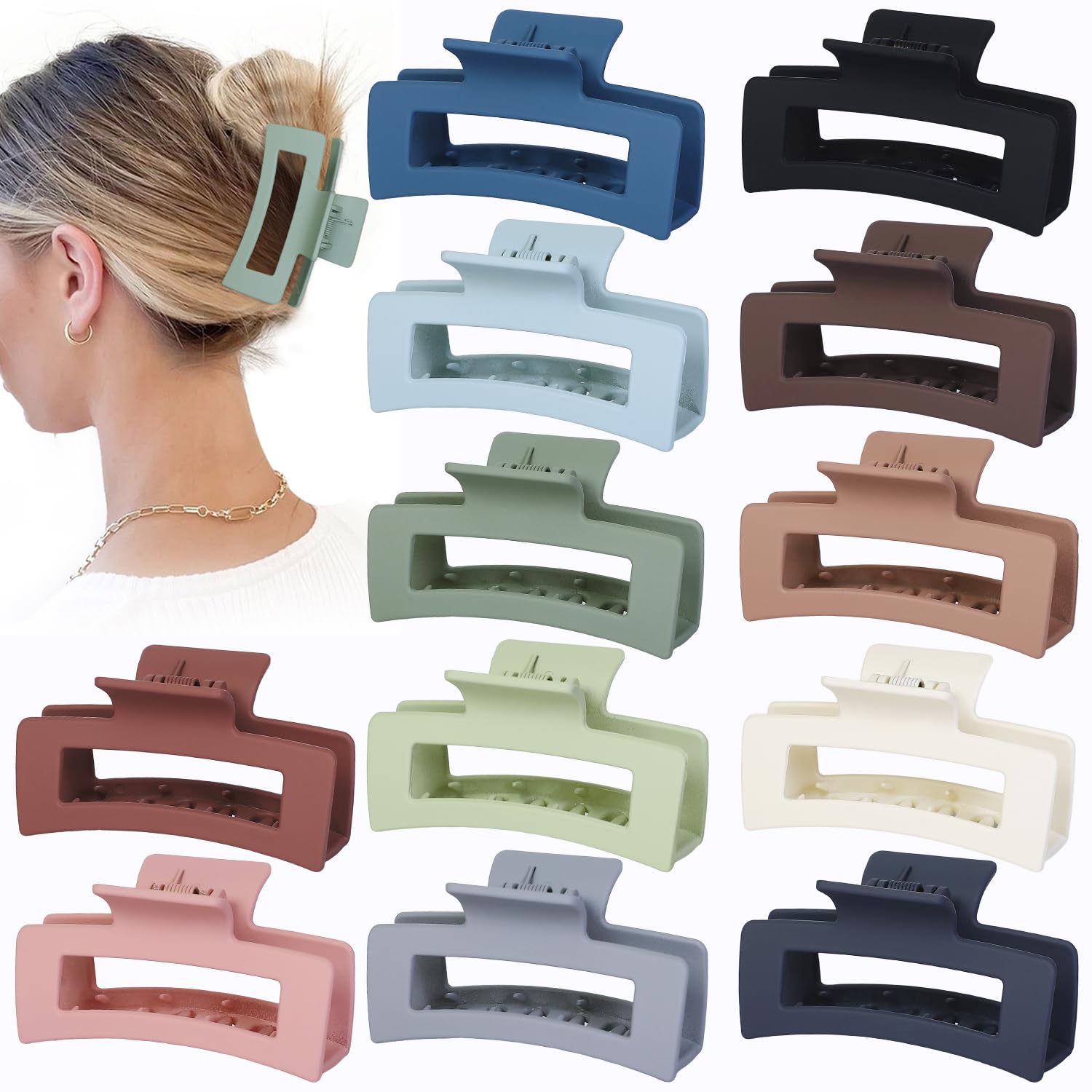 Sisiaipu Hair Accessories - 12 Pcs 3.5 Inch Square Rectangle Jaw Clips for Women and Girls, Multicolor, Thick and Thin Hair