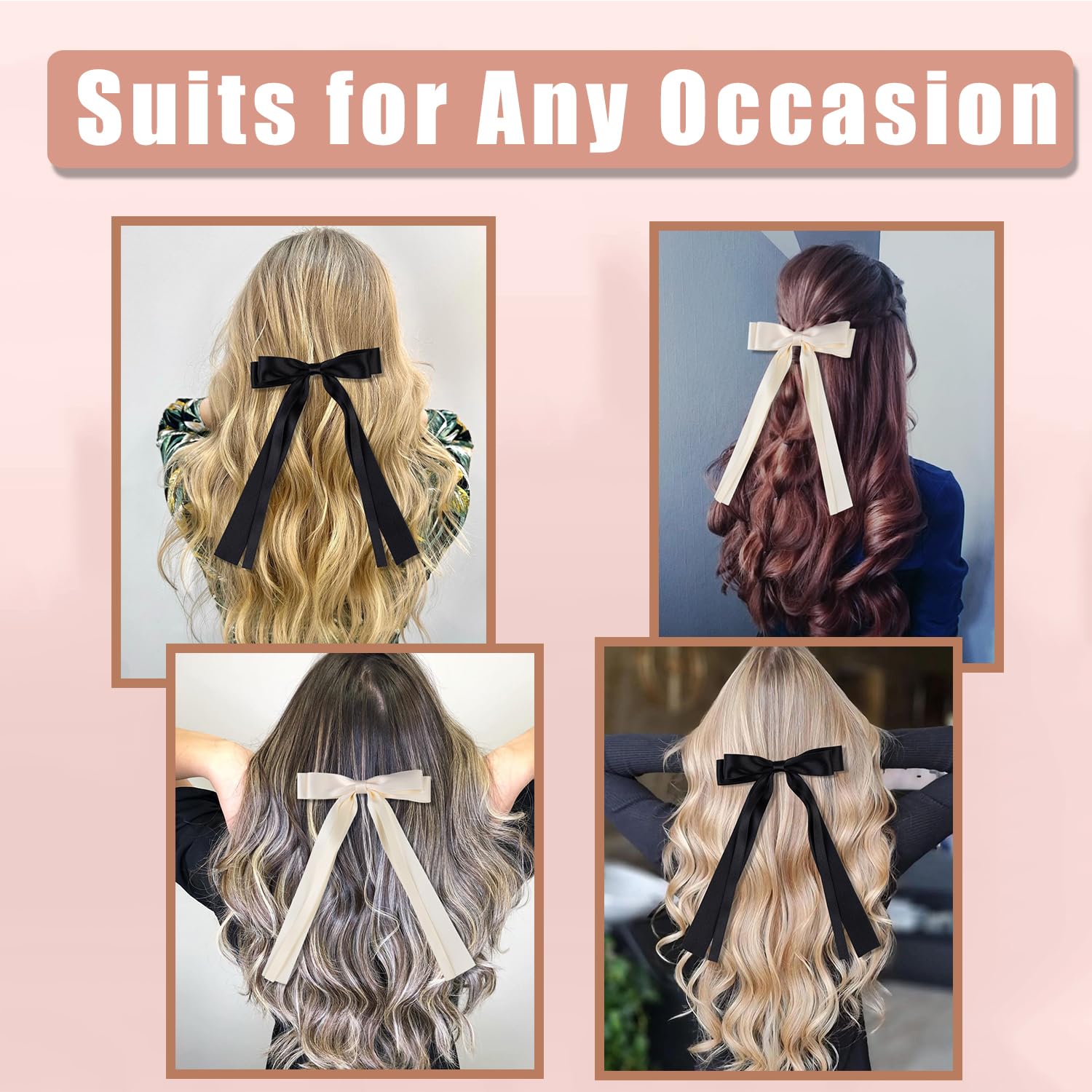 Oversized Long-Tail Cute Aesthetic Hair Accessories: 4 Pcs Ribbon Bows, Large Hair Barrettes, Big Bows For Girls (Beige, Black)
