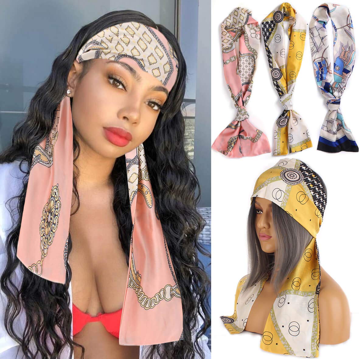 Leeven 3 Pieces Satin Edge Laying Scarf For Lace Wigs Non Slip Printed Headband Scarf For Hair Wrapping At Night 57''X5.5'' Silk