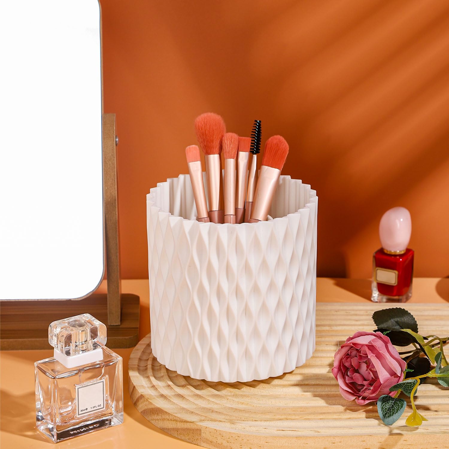 RAMFIYN White 360 Rotating Makeup Organizer, Spinning Makeup Brush Holder, Unique Textured Makeup Brush Cups for Vanity Decor, L