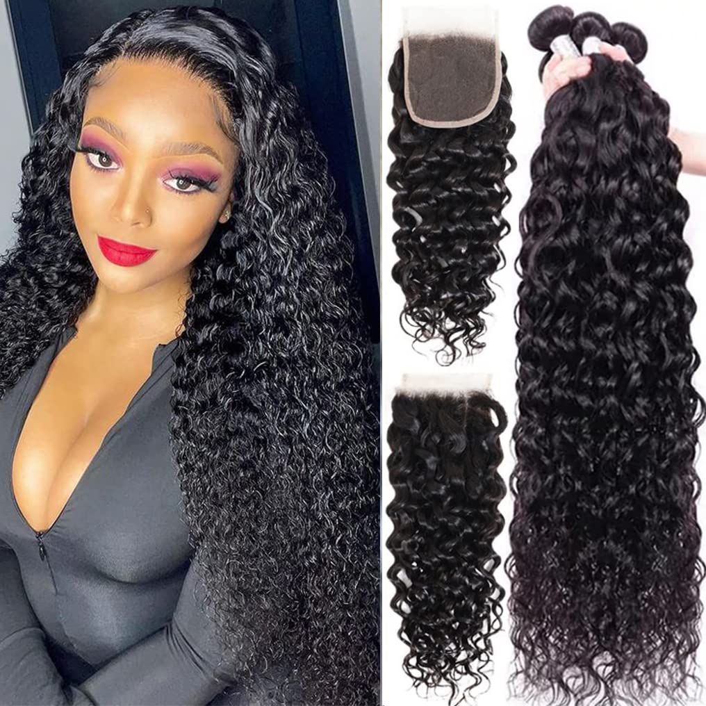 Bundles With Closure Human Hair (22 24 26+20, Free Part) Water Wave 3 Bundles Human Hair With Closure 10A Brazilian Virgin Human