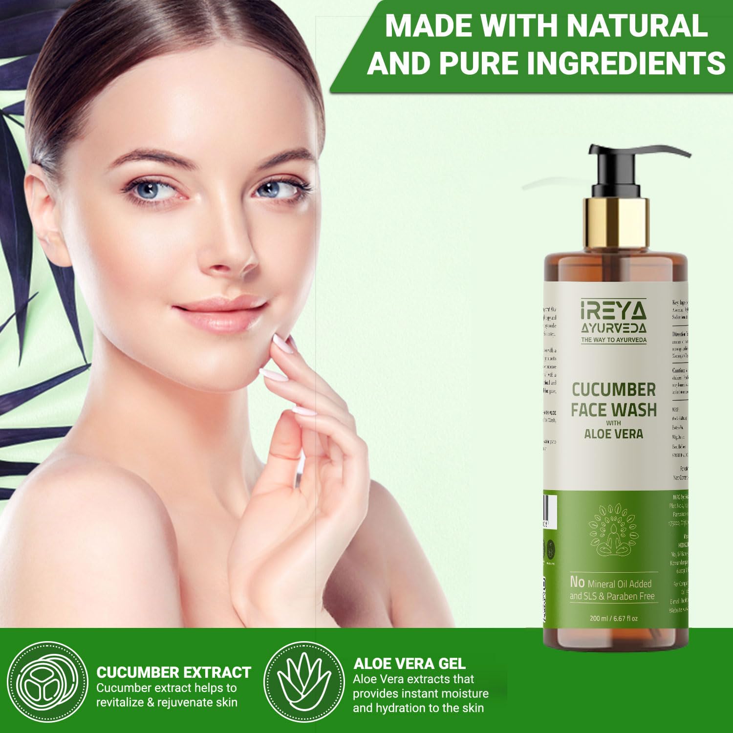 Ireya Ayurveda Cucumber Aloe Vera Face Wash 200ml (6.76oz) Face Wash for men and women Made With Cucumber extract & Aloe vera ge