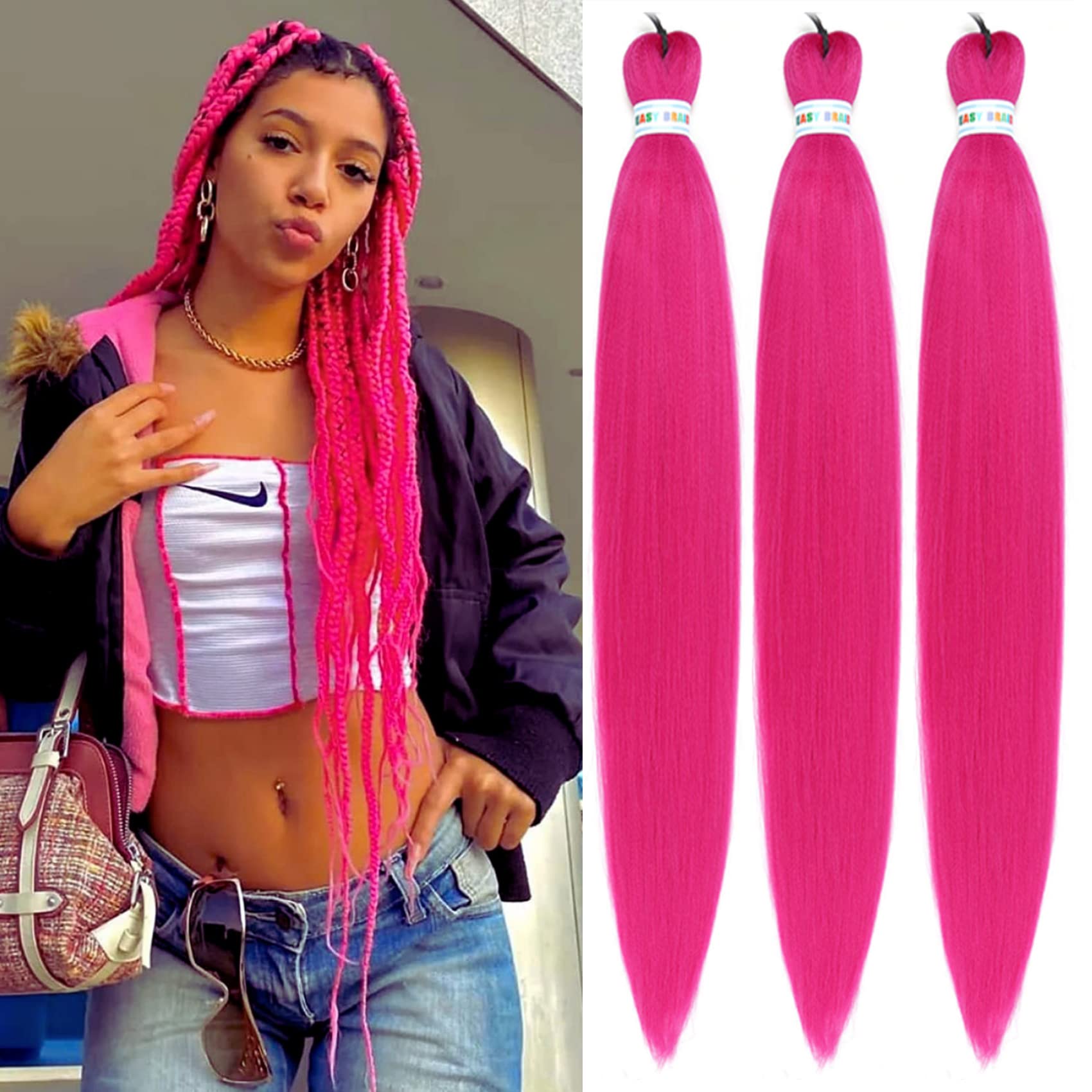Gozill Rose Pink Braiding Hair Pre Stretched Long Box Braid Hair 30 Inch Prestretched Braiding Hair(Pack of 3)