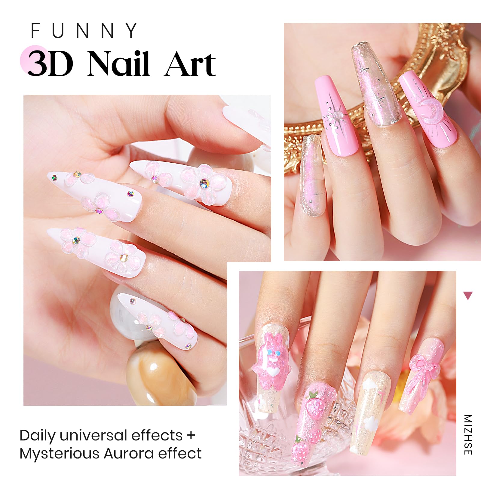Mizhse Solid Builder Gel, Aurora Pink & Clear Hard Gel For Nails, Non-Sticky Building Gel Sculpting Gel 3D Gel Nail Mermaid Pear