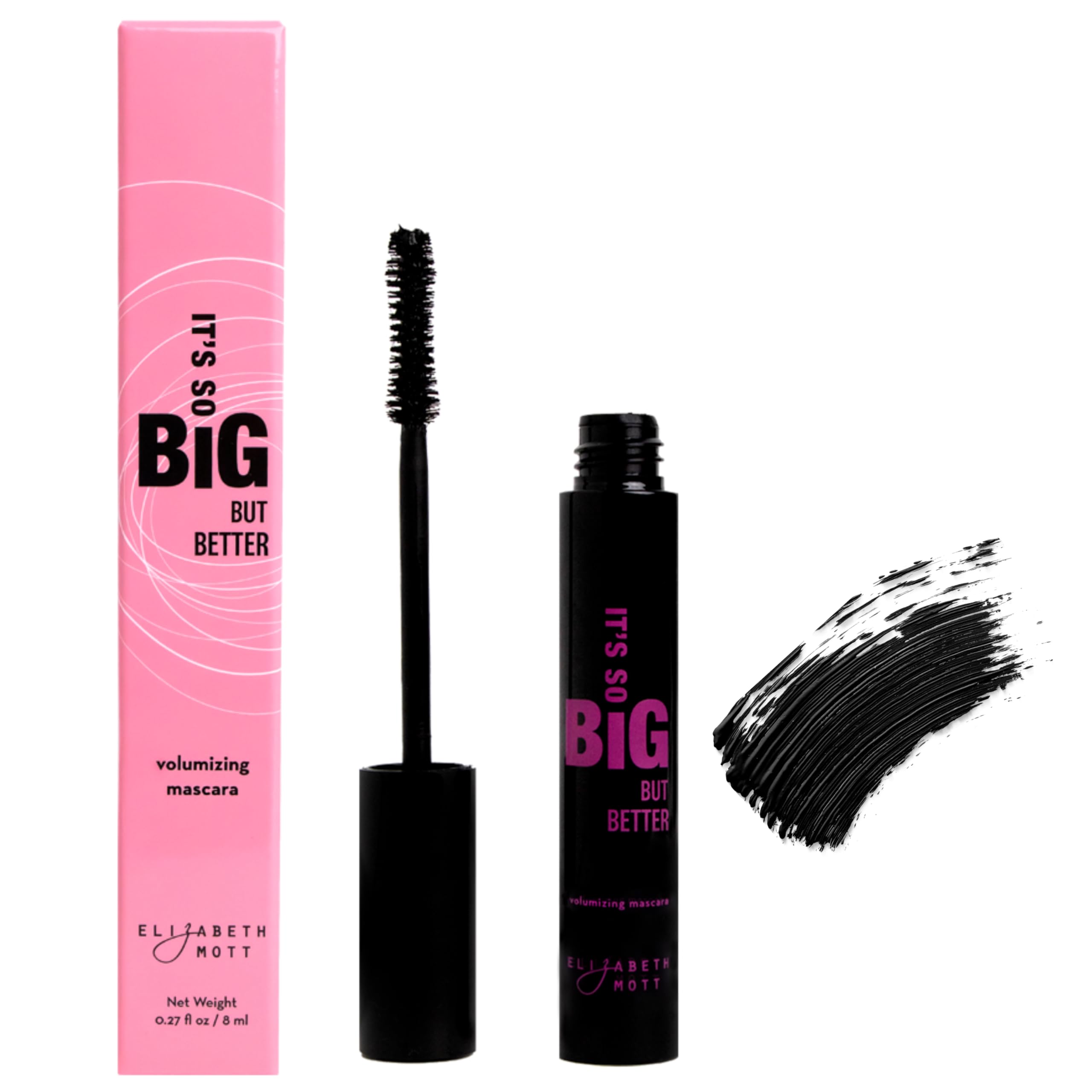 Elizabeth Mott Black Volumizing Smudge-Proof Mascara-Cruelty Free Lengthening Fiber Mascara With Hourglass Wand-Water Resistant,