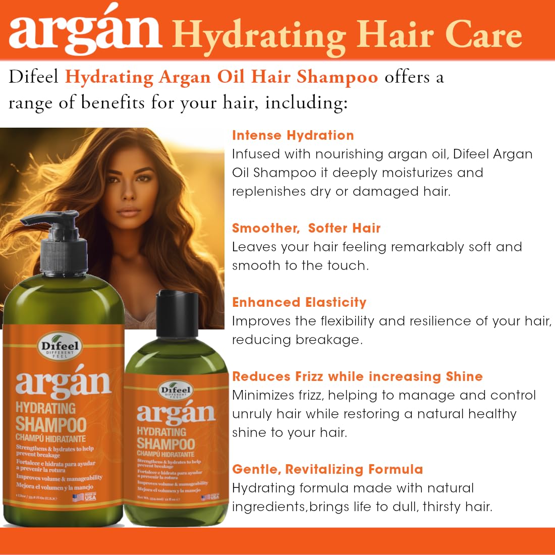 Difeel Argan Hydrating Shampoo 12 oz. - Argan Oil Shampoo, Natural Paraben Free Shampoo for Hair