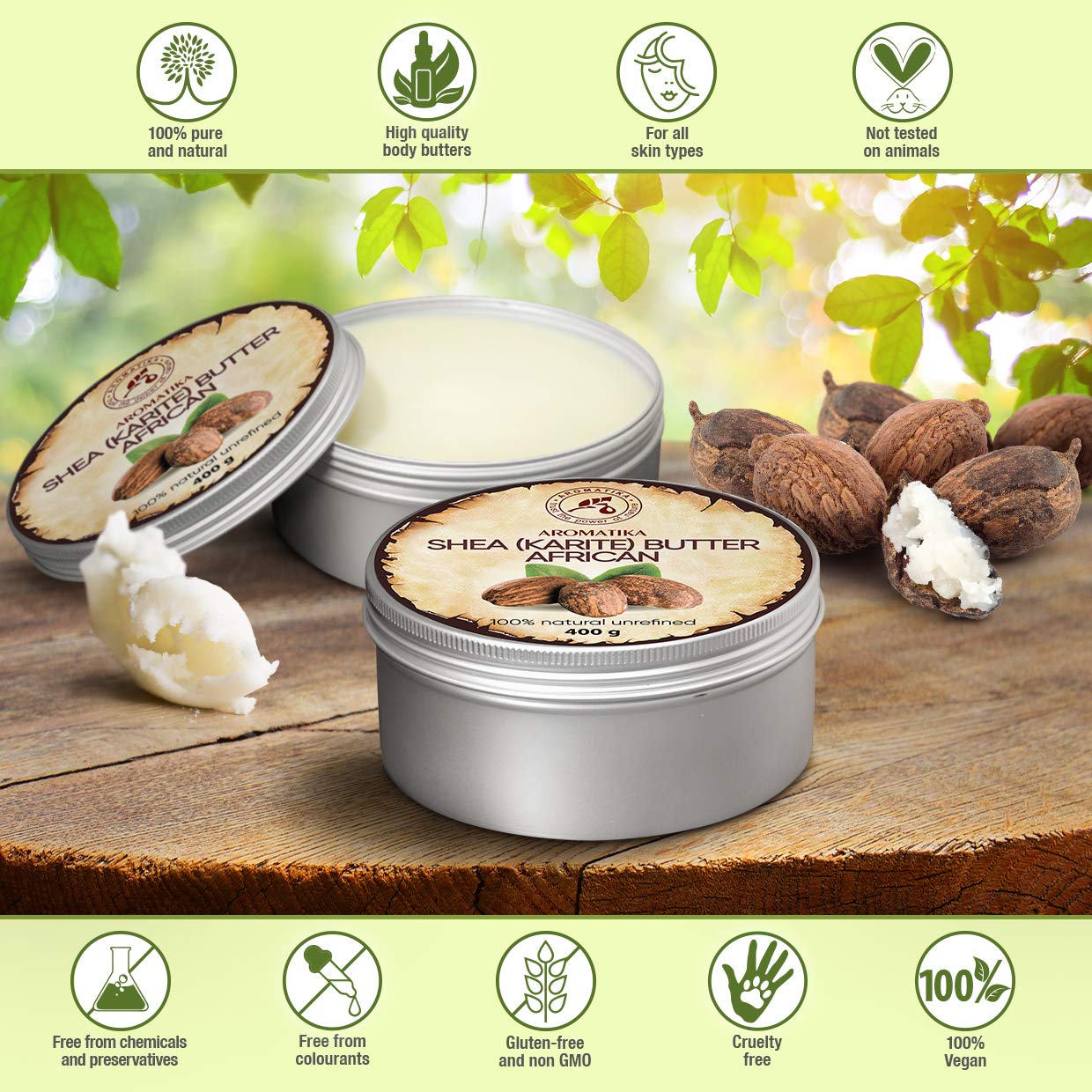 AROMATIKA Shea Butter Cold Pressed 14.1 Oz - Unrefined African Shea Butter - Ghana - 100% Pure & Natural - Best for Hair - Skin