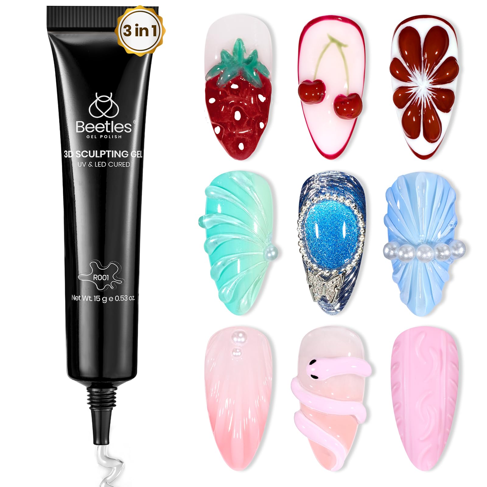 Beetles Sculpting Gel 3D Gel Nail Art Design - 3 in 1 Clear No Wipe Gel Nail Polish Rhinestone Nail Art Glue for Nail Art Gems D