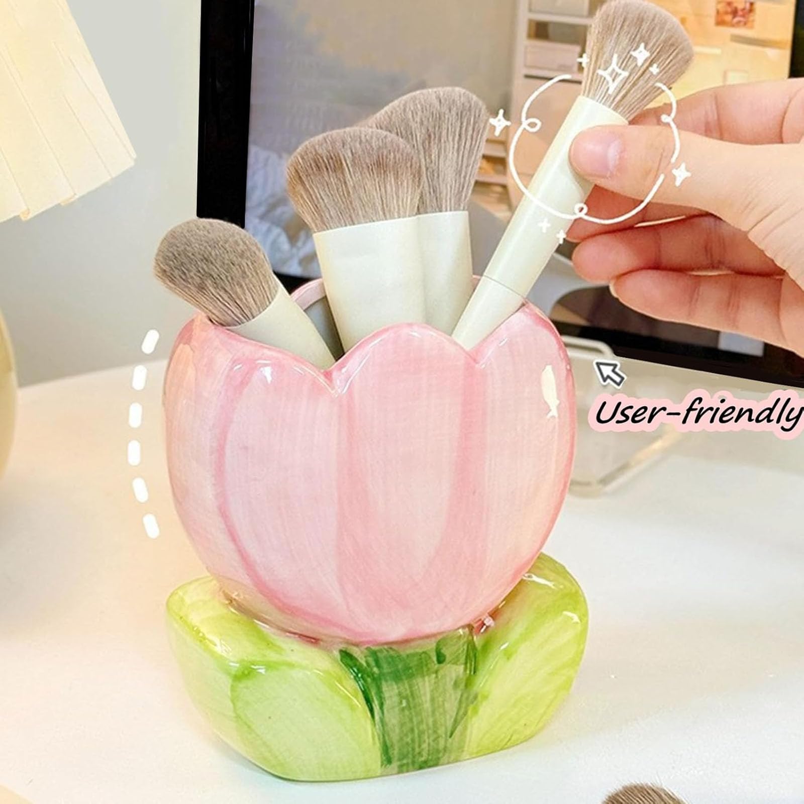 ZHU YU CHUN 1 PC Ceramic Tulip Make up Brush Holder Flower Toothbrush Holder Cosmetic Storage Box Pen and Pencil Holder Desktop