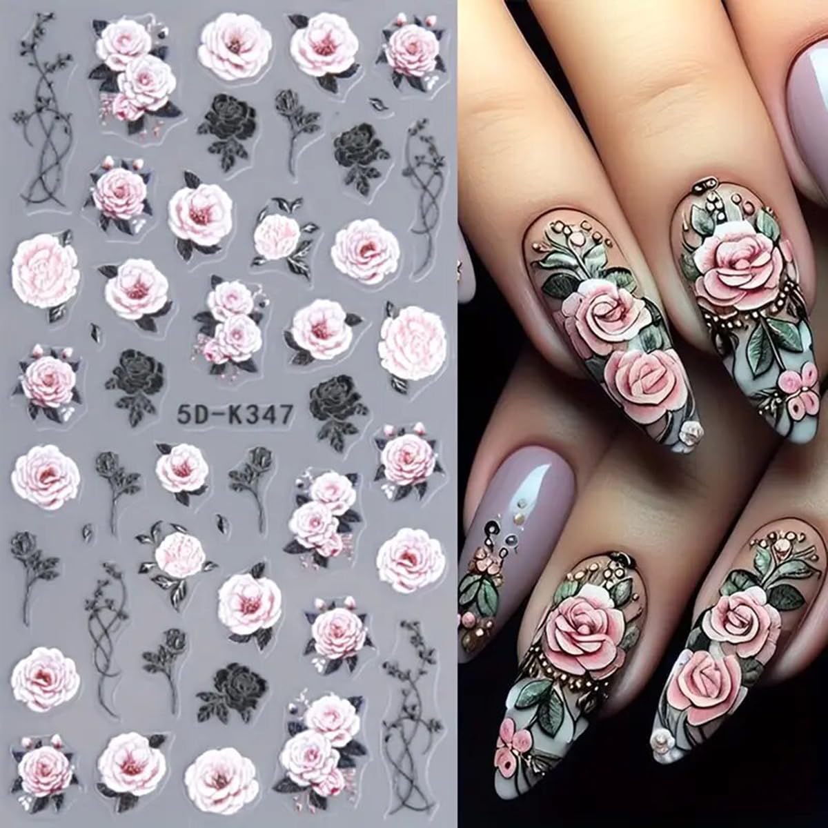 Flower Nail Art Stickers 5D Embossed Rose Flowers Nail Decals 4Pcs Black Red Pink Rose Floral Valentines Nails Design Self-Adhes