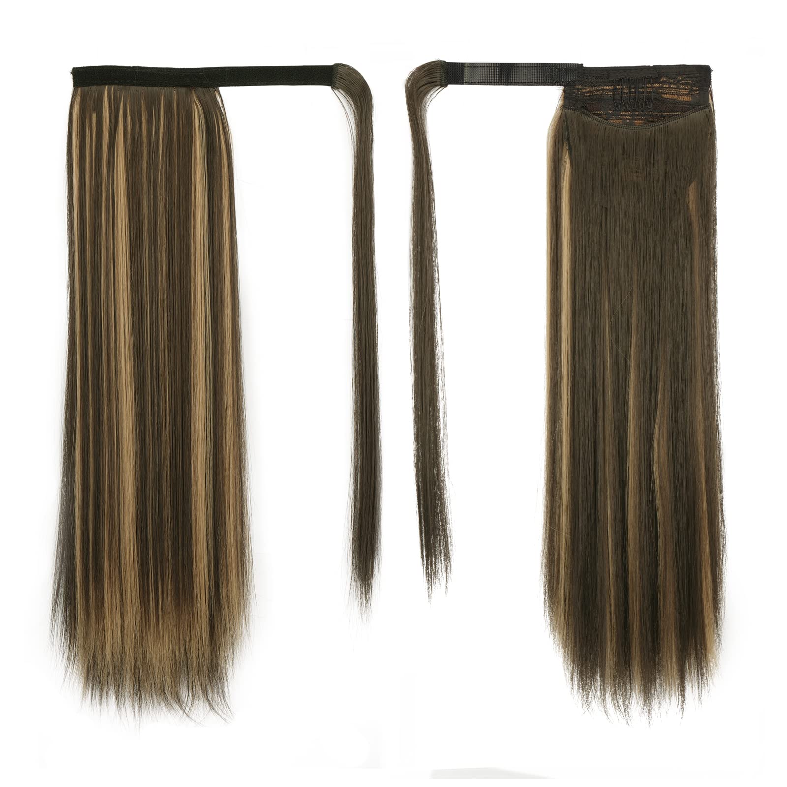 BARSDAR 18 Inch Ponytail Extension Long Straight Wrap Around Clip in Synthetic Fiber Hair for Women -Dark Brown mix Strawberry B