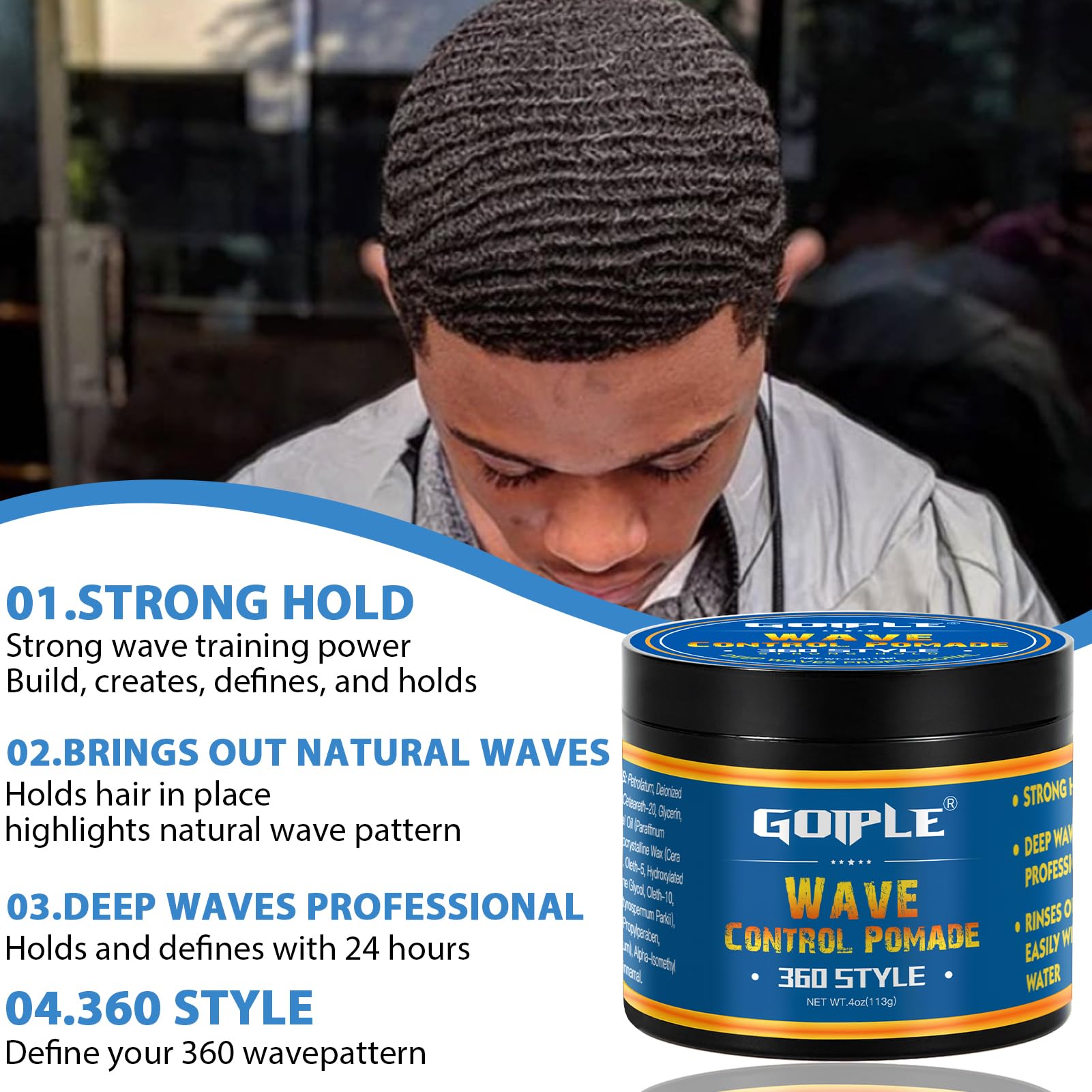 Goiple Natural Wave Pomade for Men, Strong Hold, Easy Wash, 4oz, Blue, Water-Based Hair Cream for Waves and Shine