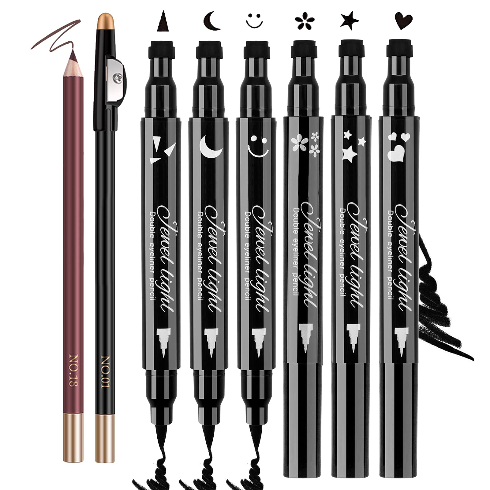 8 Pack Liquid Eyeliner Stamp Set With 6Pcs Eyeliner Stamp And 2Pcs Eyebrow Pencil, Waterproof Smudgeproof Eyeliner Long Lasting
