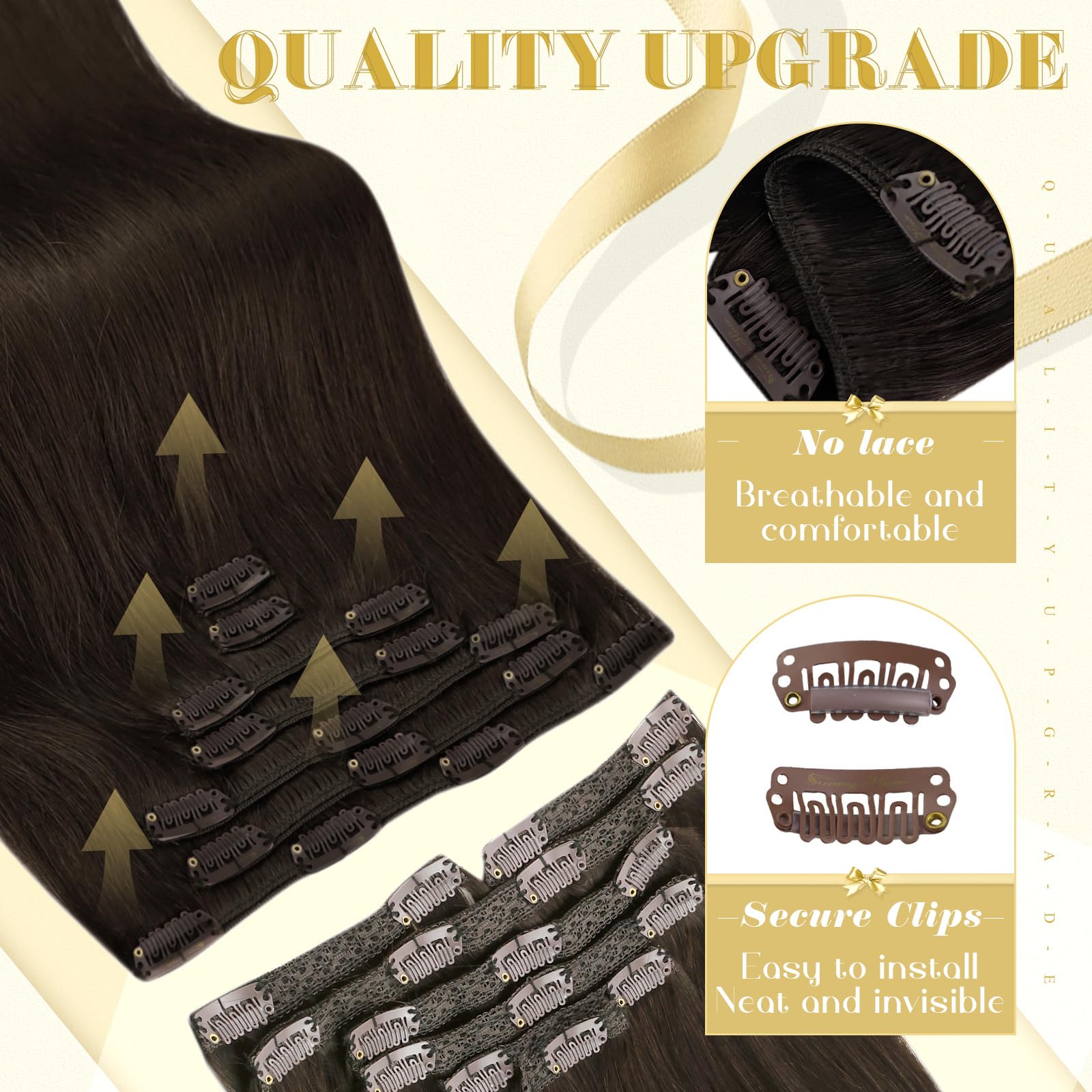 Ve Sunny Brown Human Hair Clip in Extensions Dark Brown Clip in Human Hair Extensions Darkest Brown Real Hair Extensions Clip in