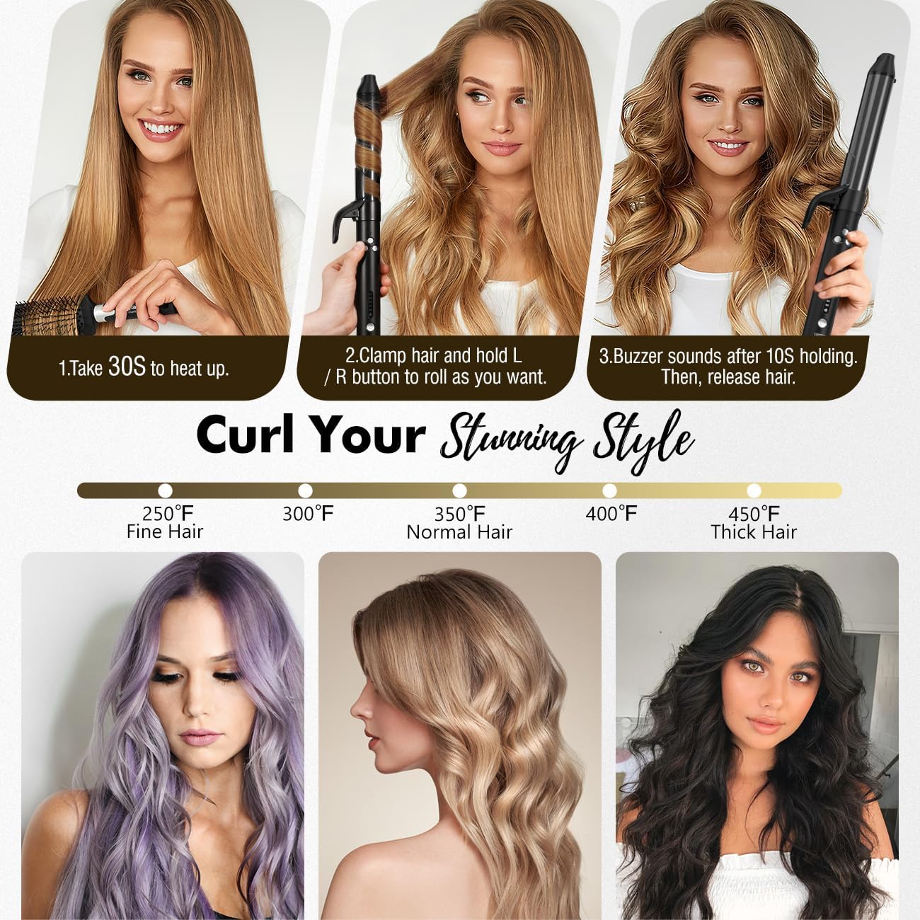Rotating Curling Iron, 1 1/4 inch Automatic Curling Iron for Beach Waves, Curling Iron Instant Heat with Negative Ions, Professi