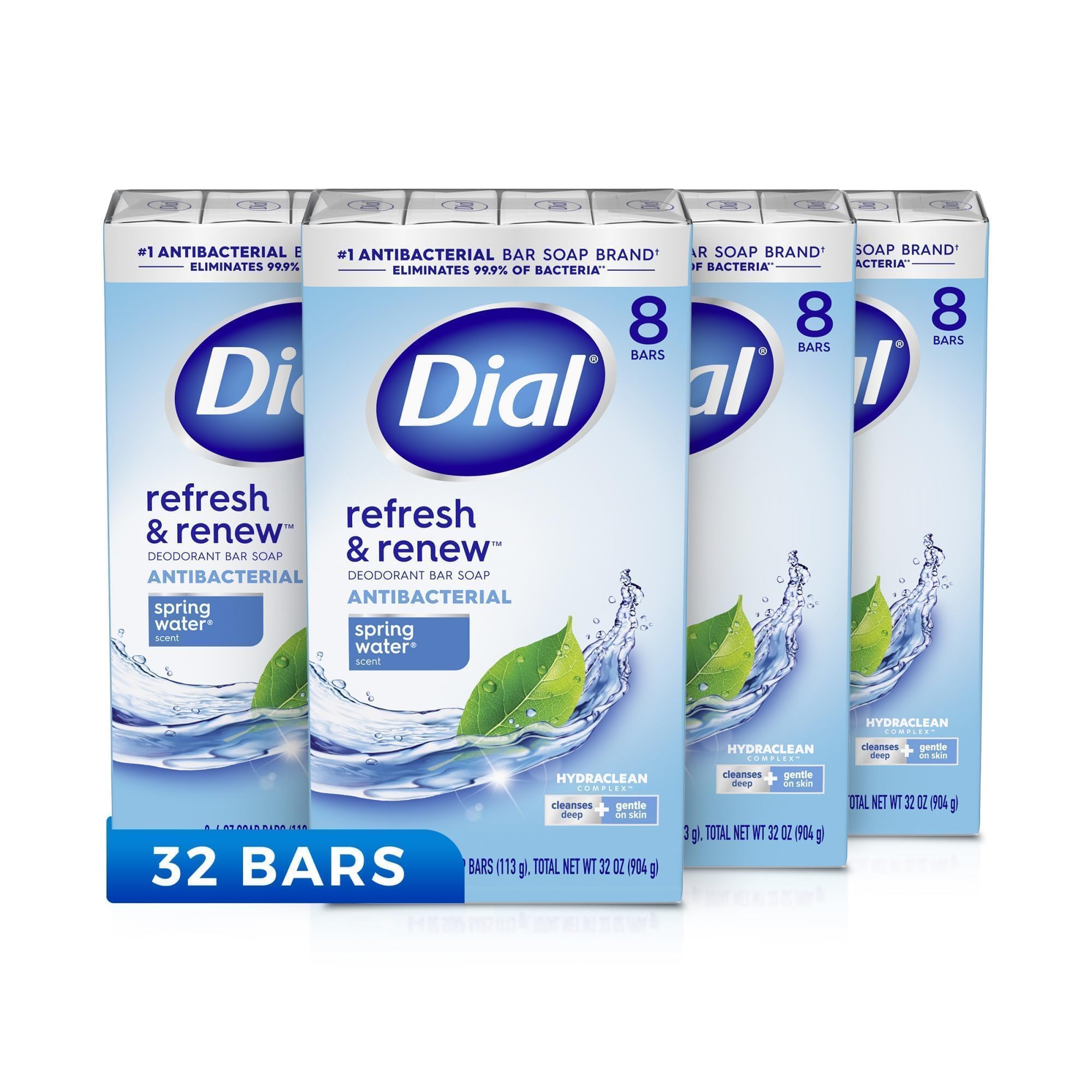 Dial Antibacterial Bar Soap, Spring Water, 32 Bars, 8 Count (Pack Of 4)