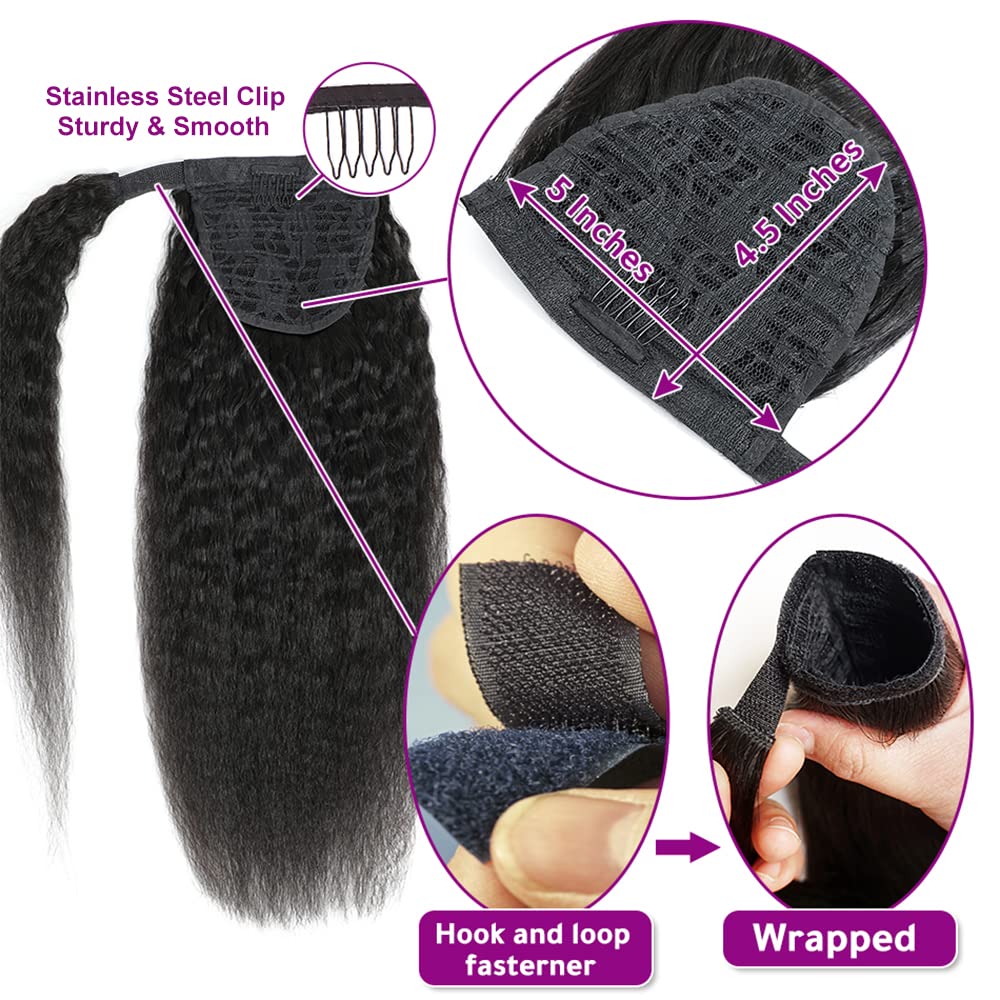 Adette 20 Inches 100% Human Hair Yaki Kinky Straight Ponytail Natural Black Color Wrap Around Ponytail Hair Extensions Magic Pas