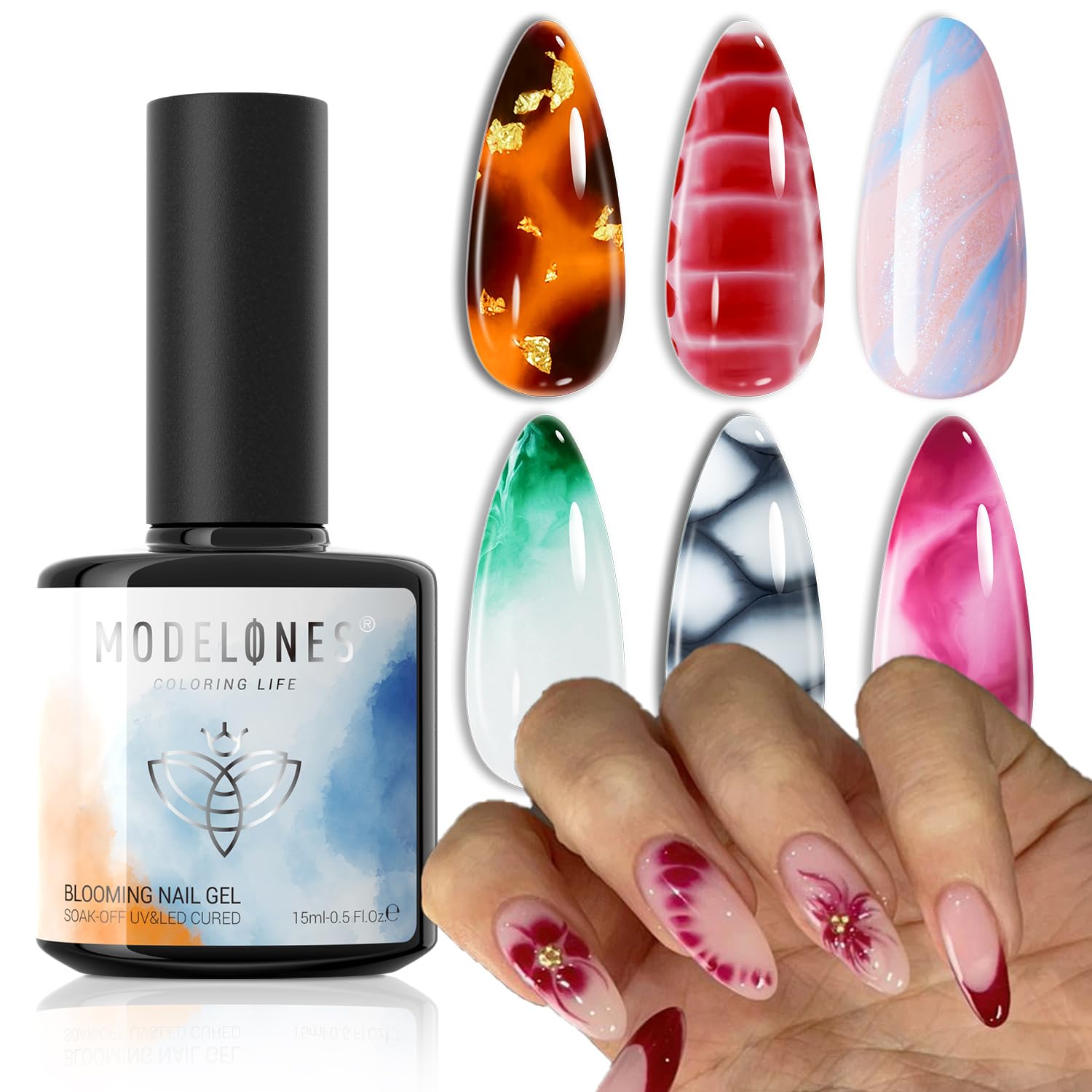 Modelones Blooming Gel Nail Polish, 15 Ml Clear Marble Nail Design Kit, Nail Art Accessories Stuff For Spreading Effects, Floral