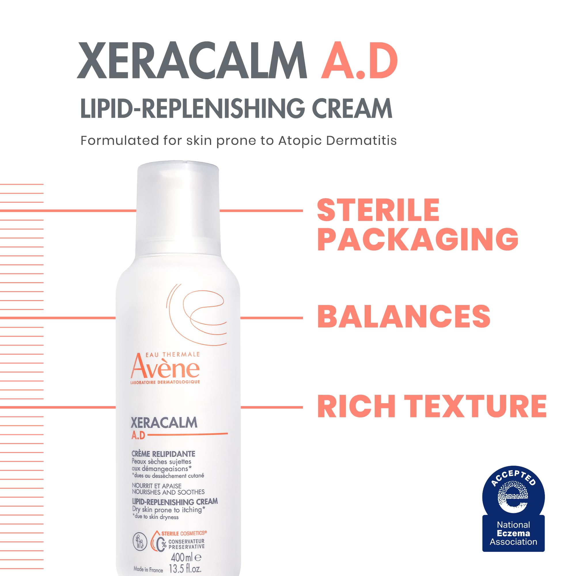 Eau Thermale Avane Xeracalm Ad Lipid-Replenishing Cream, Atopic Dermatitis, Eczema-Prone, No Preservatives, Fragrance-Free, Pump