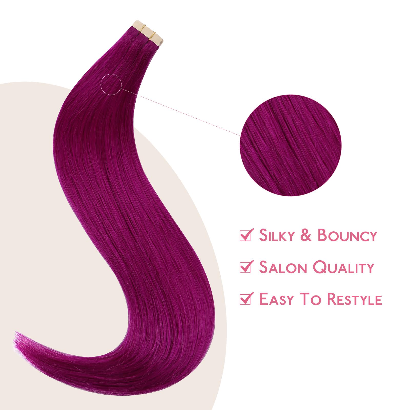 Wennalife Tape In Hair Extensions Human Hair Violet Tape In Extensions, 10Pcs 30G 26 Inch Remy Invisible Tape Ins Straight Color