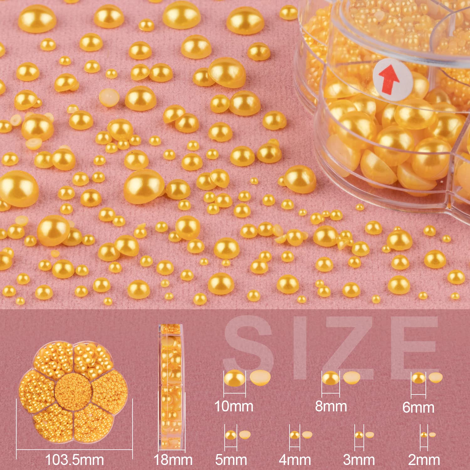 Nail Art Flat Back Half Round Pearl Kits 28, 1 Box Of 6000 Pcs Flat-Back Golden Yellow With Tweezer And Picker Pencil For Home D
