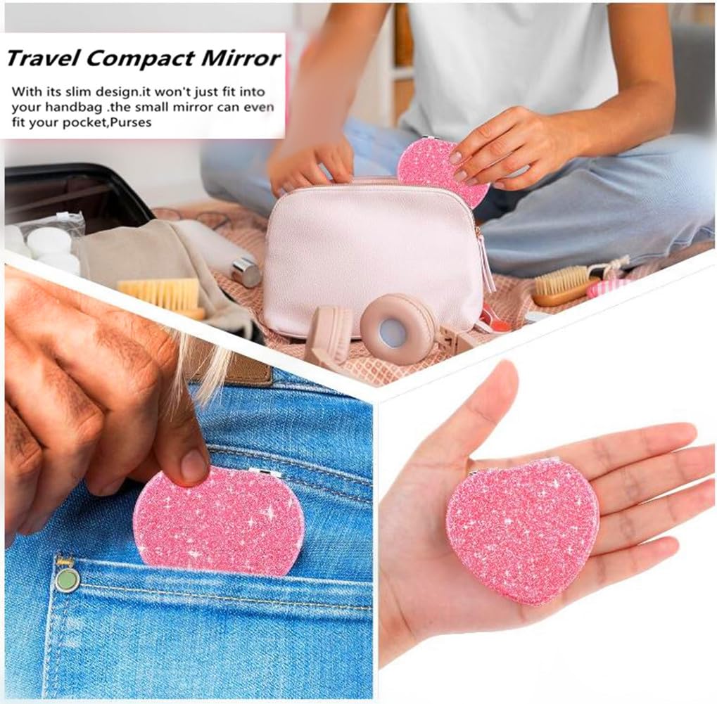 Mpowtech Cute Heart Shaped Compact Mirror For Women,Magnifying Travel Mirror With Glitter,Pink Small Pocket Mirror,Portable 2 X