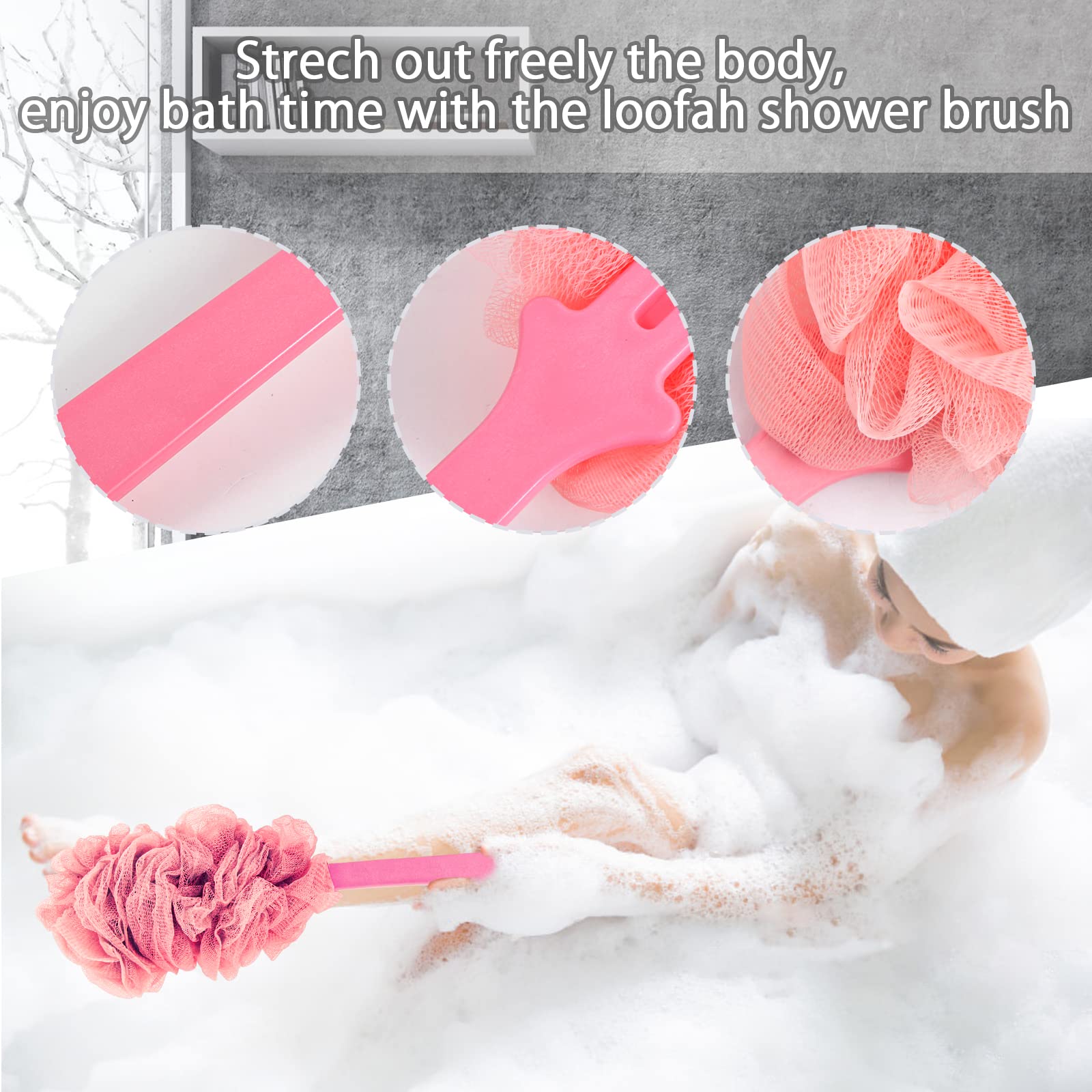 4Pack Back Scrubber For Shower, Evmliy Loofah Sponge Brush Exfoliating Body, Long Handle Scrub Brush For Shower With Loofah On A