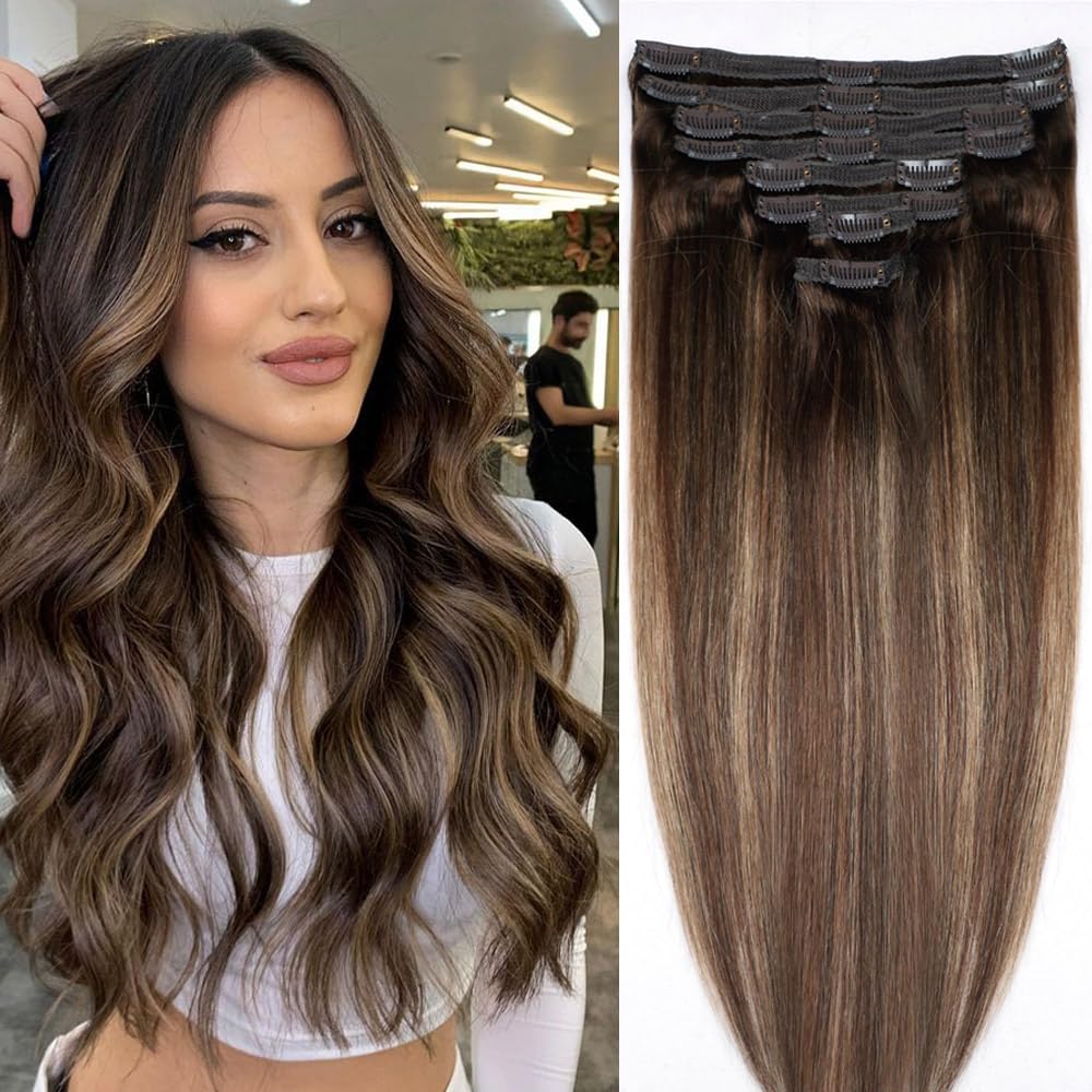 Pobokix Straight Clip In Hair Extensions Real Human Hair 8Pcs Clip In Balayage Chocolate Brown to Caramel Blonde Human Hair Exte