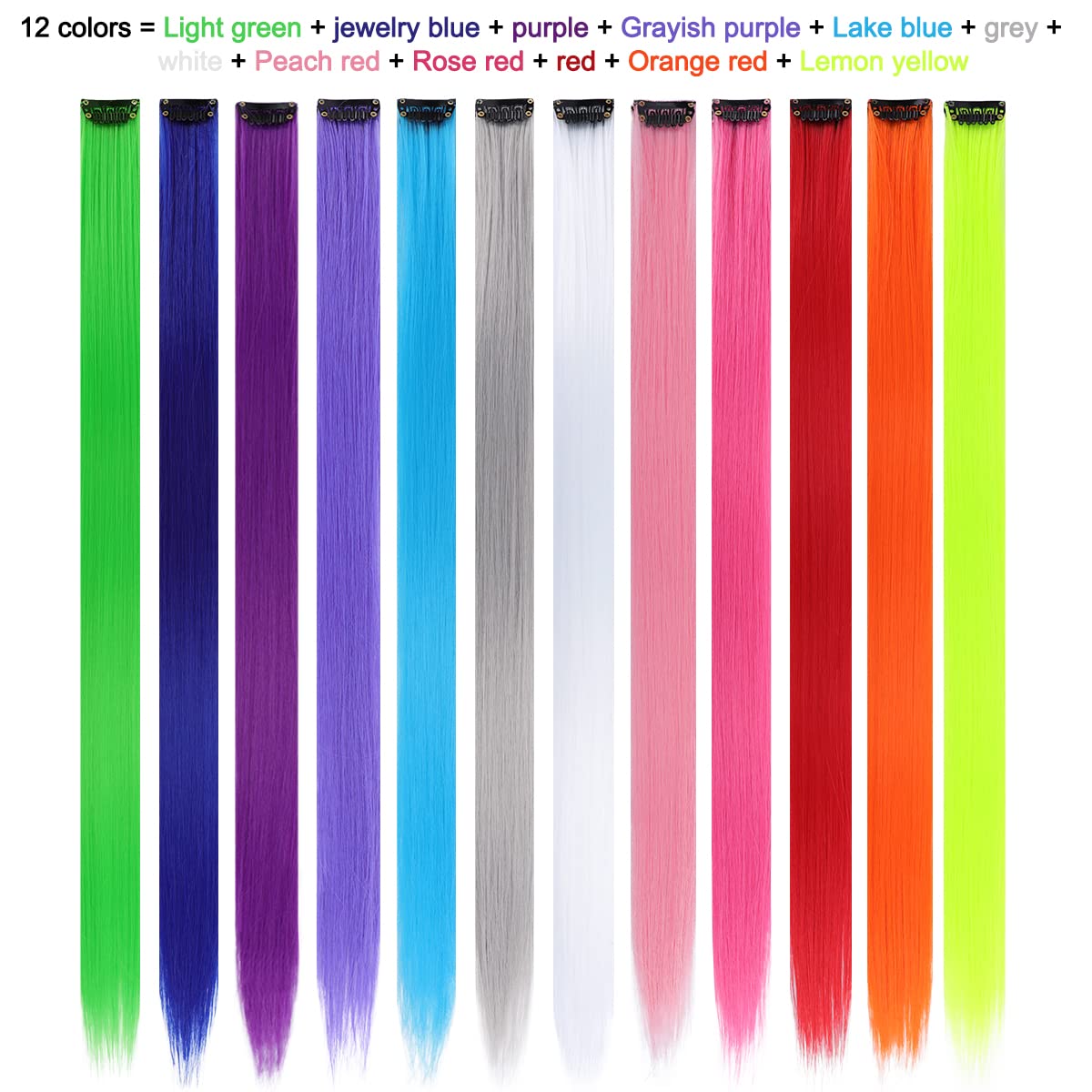 12 Pack Colored Hair Extensions Rainbow Hairpieces Party Highlights 22 Inches Colorful Clip in Hair Extensions Straight Syntheti