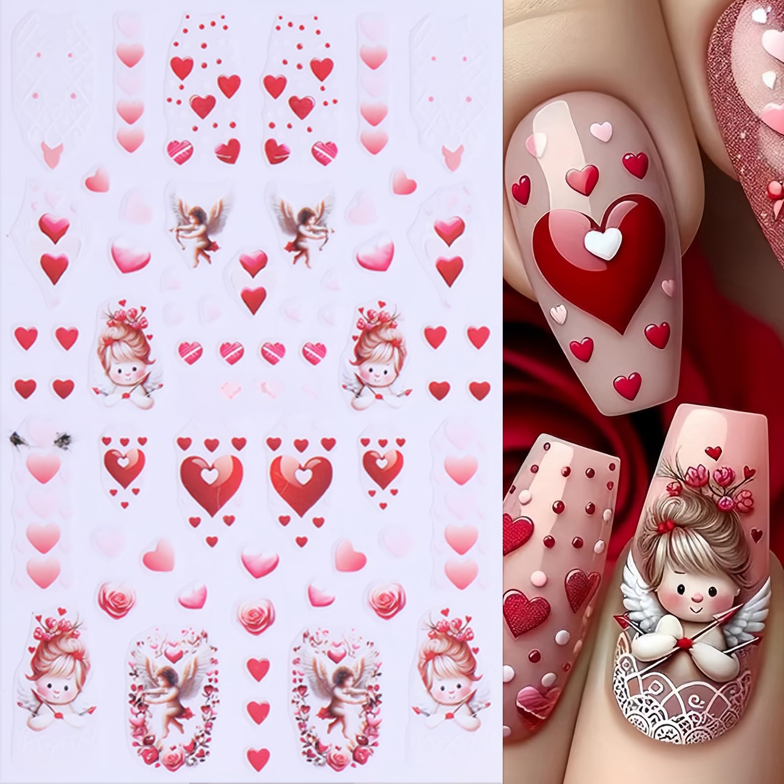 8 Sheets Valentines Day Nail Stickers 3D Self-Adhesive Red Rose Love Angel Nail Decals Small Car Envelope Rose Love Heart Nail D