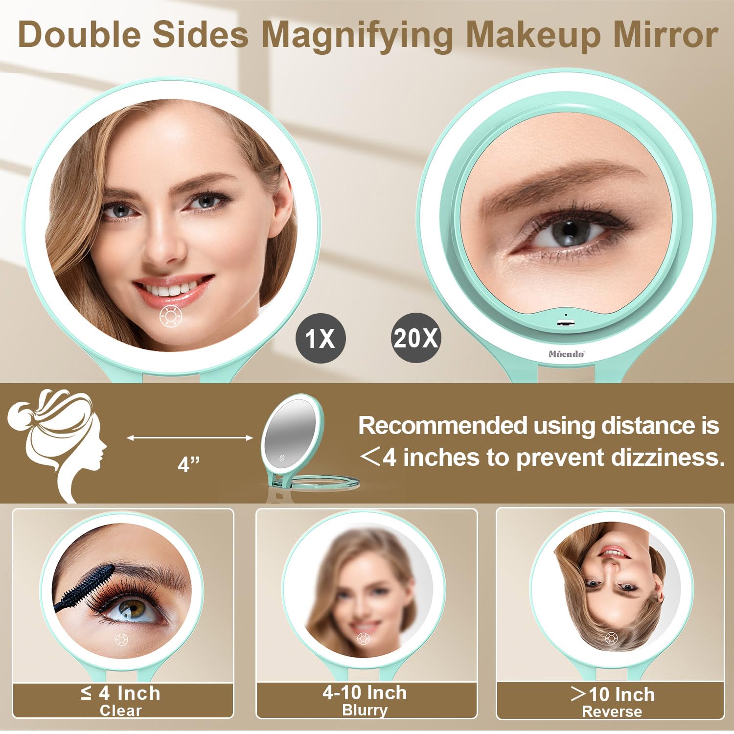 Mocado Travel Makeup Mirror with Light, 1X/20X Magnifying, Double Sided, 3 Color Light, Dimmable Touch, Rechargeable, Tabletop S