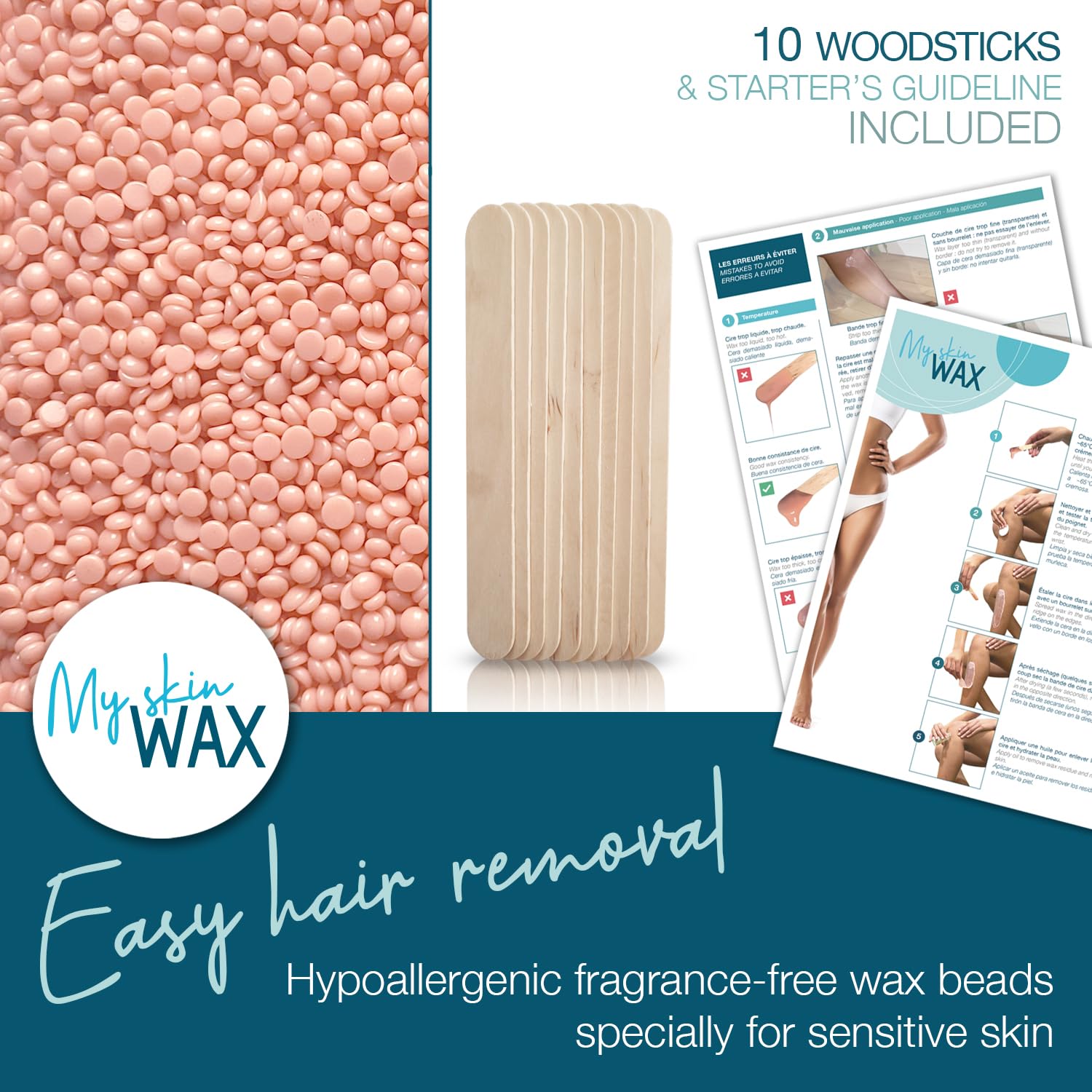 My Skin WAX - Hard Wax Beads, 14 oz (0.88 lb), Hypoallergenic, Waxing Bead for Sensitive Skin, Painless, Stripless Hair Removal