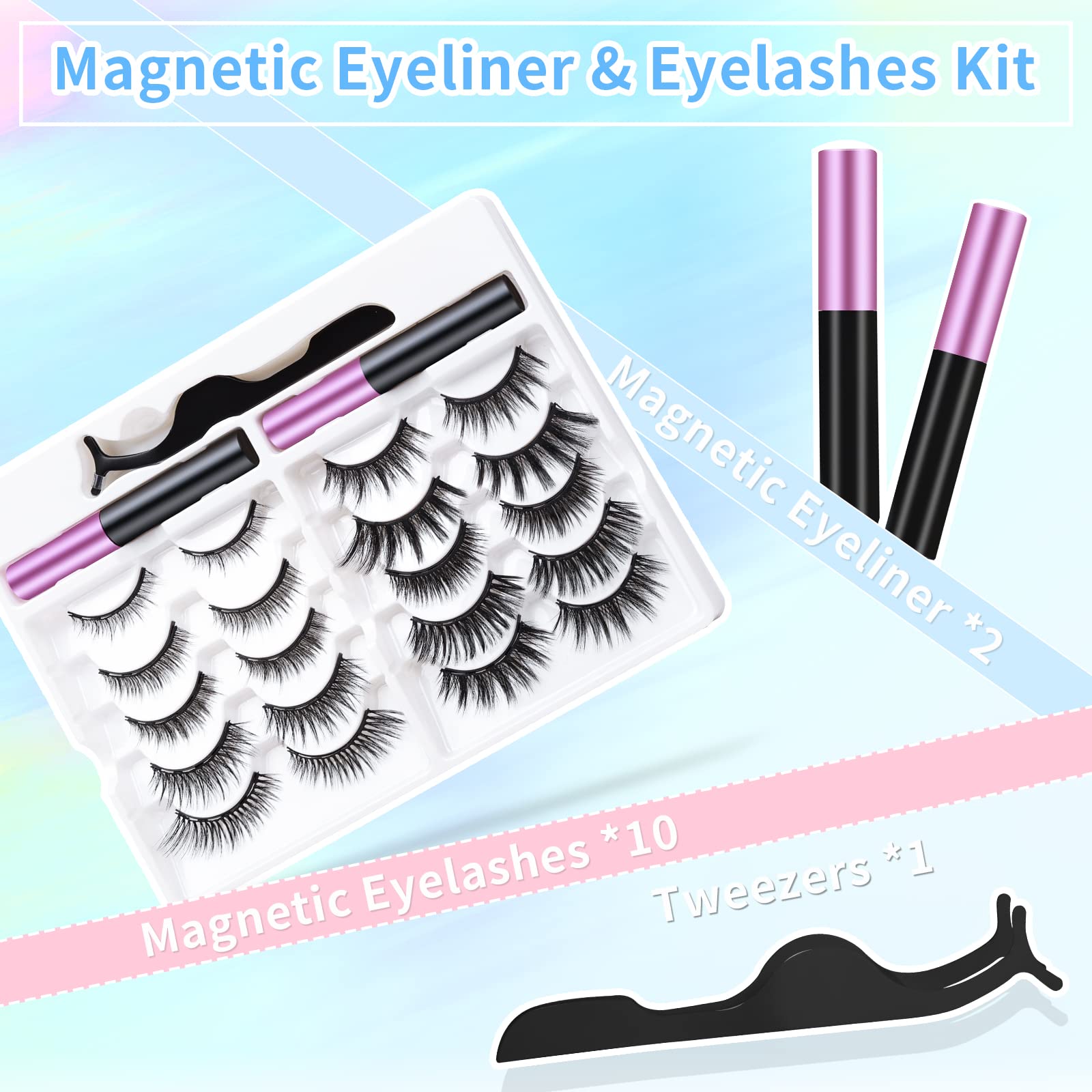 [10 Pairs] Magnetic Eyelashes And Eyeliner Kit, Reusable Magnetic Lashes With Eyeliner And Tweezers, 3D Natural Look False Eyela