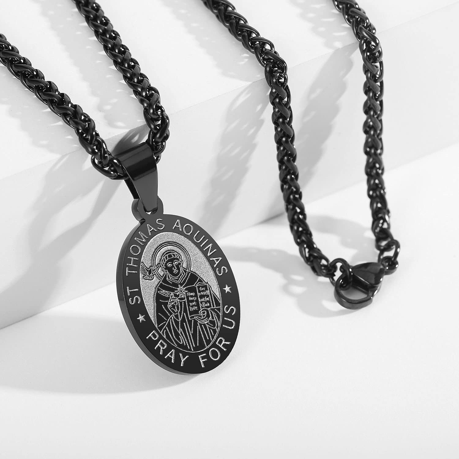 P. BLAKE Black St. Saint Thomas Medal Necklace Men, Stainless Steel Catholic Saint Thomas Aquinas Pendant Chain
