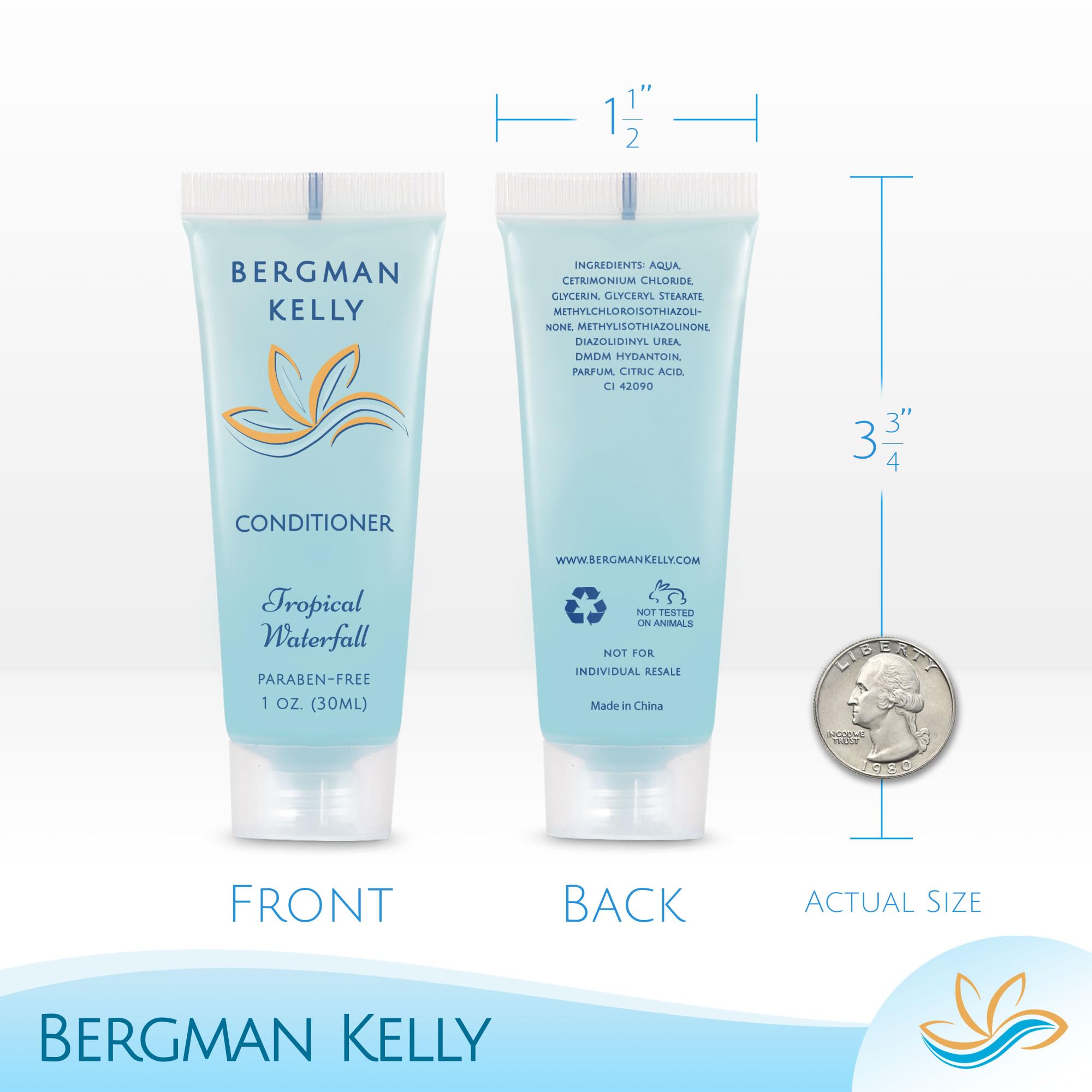 Bergman Kelly Hotel Toiletries Bundle (Tropical Waterfall, 1 Oz Each, 200 Pieces) 4-Piece Set: 50 Rectangular Bar Soap, 50 Shamp