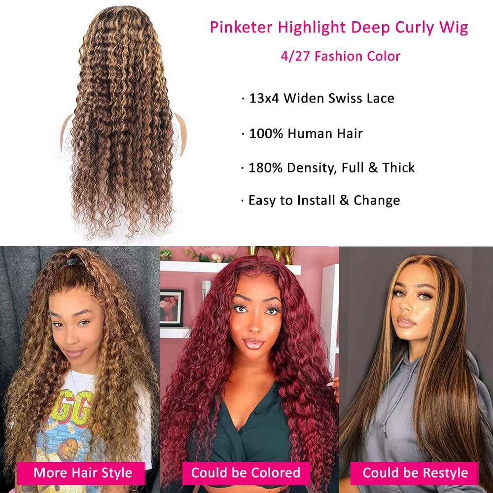 Honey Blonde Curly Lace Front Wig Human Hair 13X4 Highlight Ombre Deep Wave Lace Front Wigs Human Hair 180% Density Human Hair L