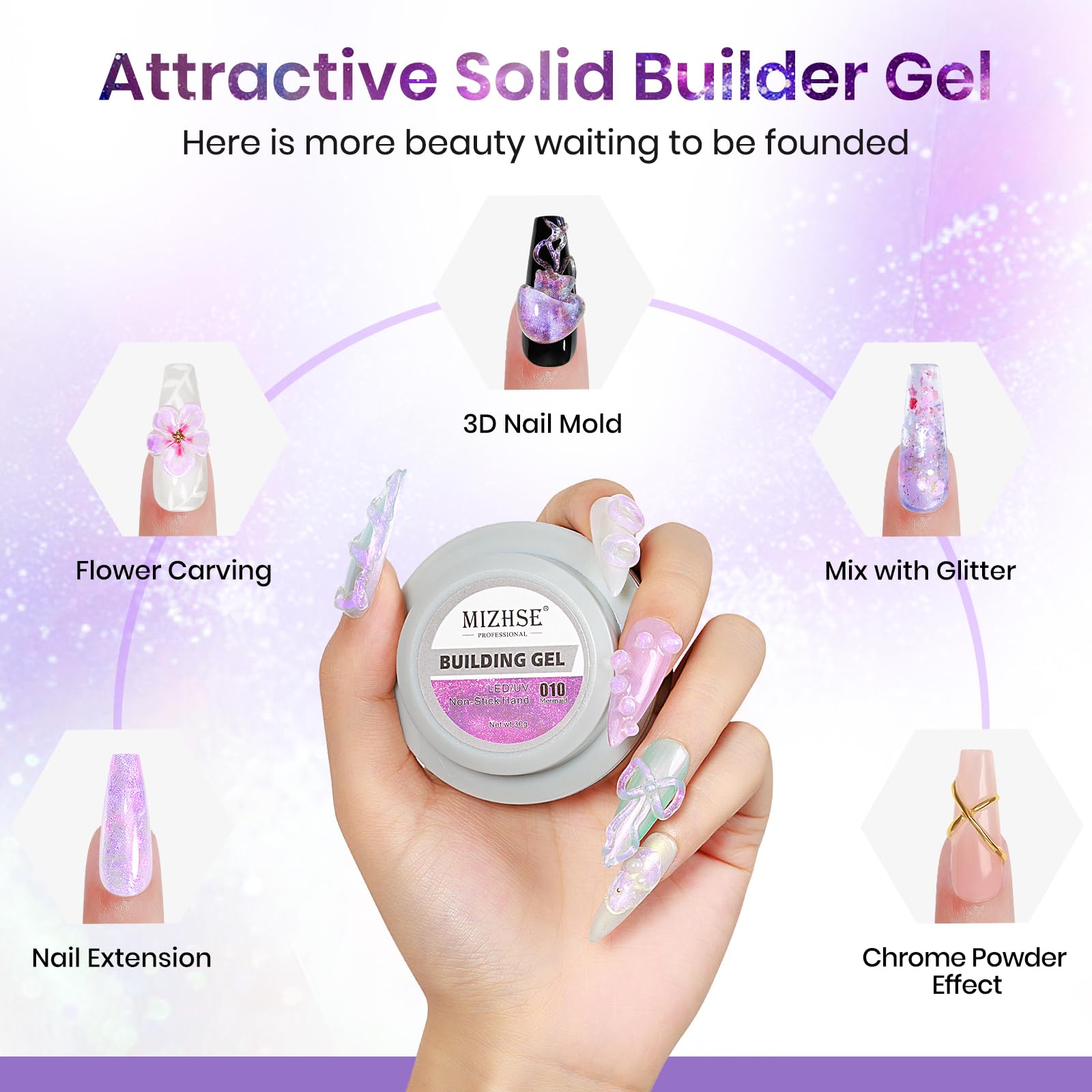 Mizhse Solid Builder Gel For Nails - 30G/1Oz Purple Mermaid Hard Gel For Nails 3D Nail Gel With Nail Forms 3D Sculpting Pen Soak